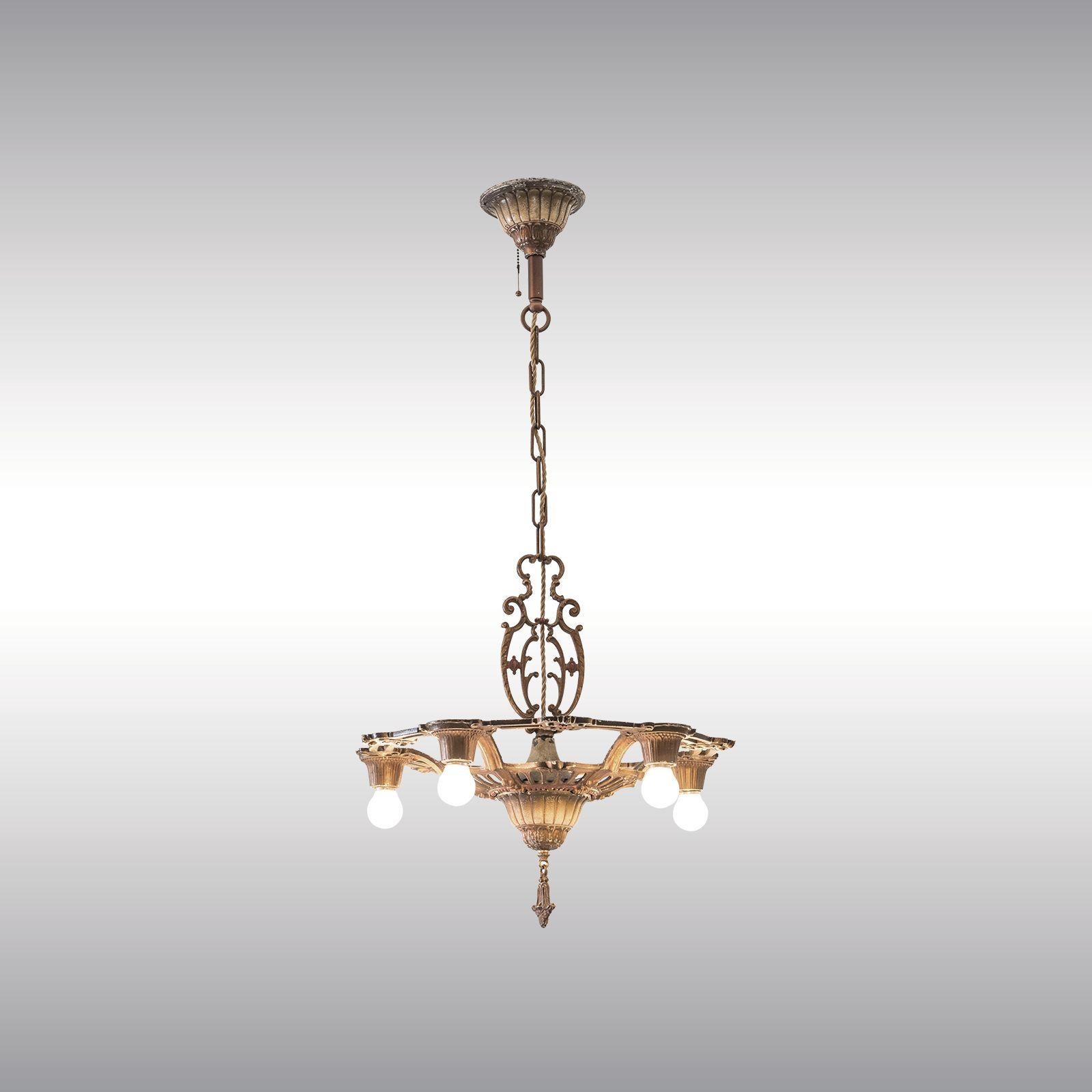 American Original New York Art Deco Metal Chandelier, 1925 For Sale