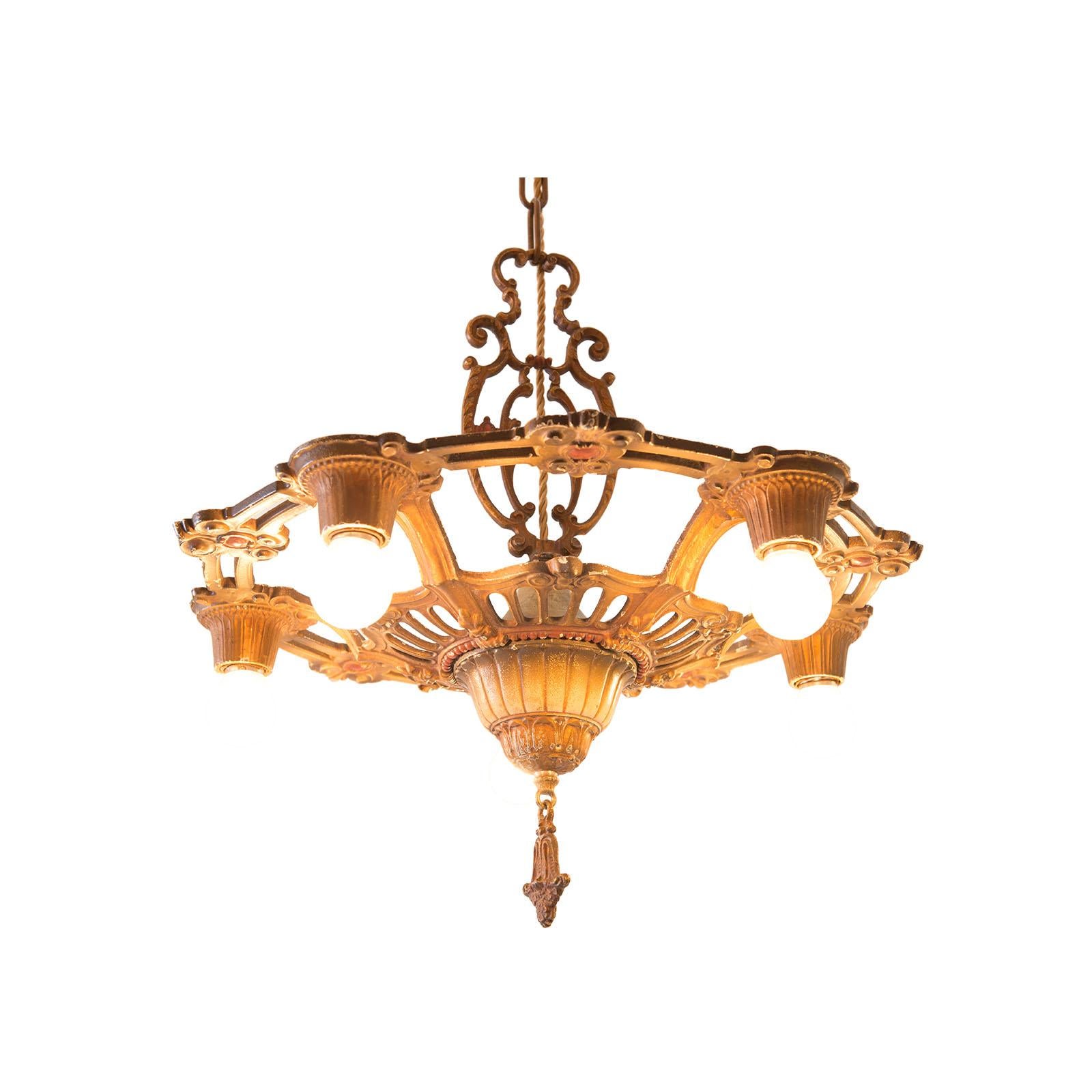 Hand-Painted Original New York Art Deco Metal Chandelier, 1925 For Sale