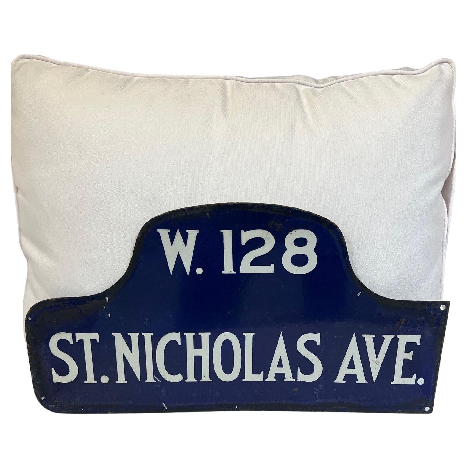 Antique porcelain double sided humpback New York City Street Sign used in NYC from 1910 till early 1970s. Cobalt blue enamel and white enamel all original in very good condition for its age and use. Sign says W.128 on top of St. Nicholas Ave. two