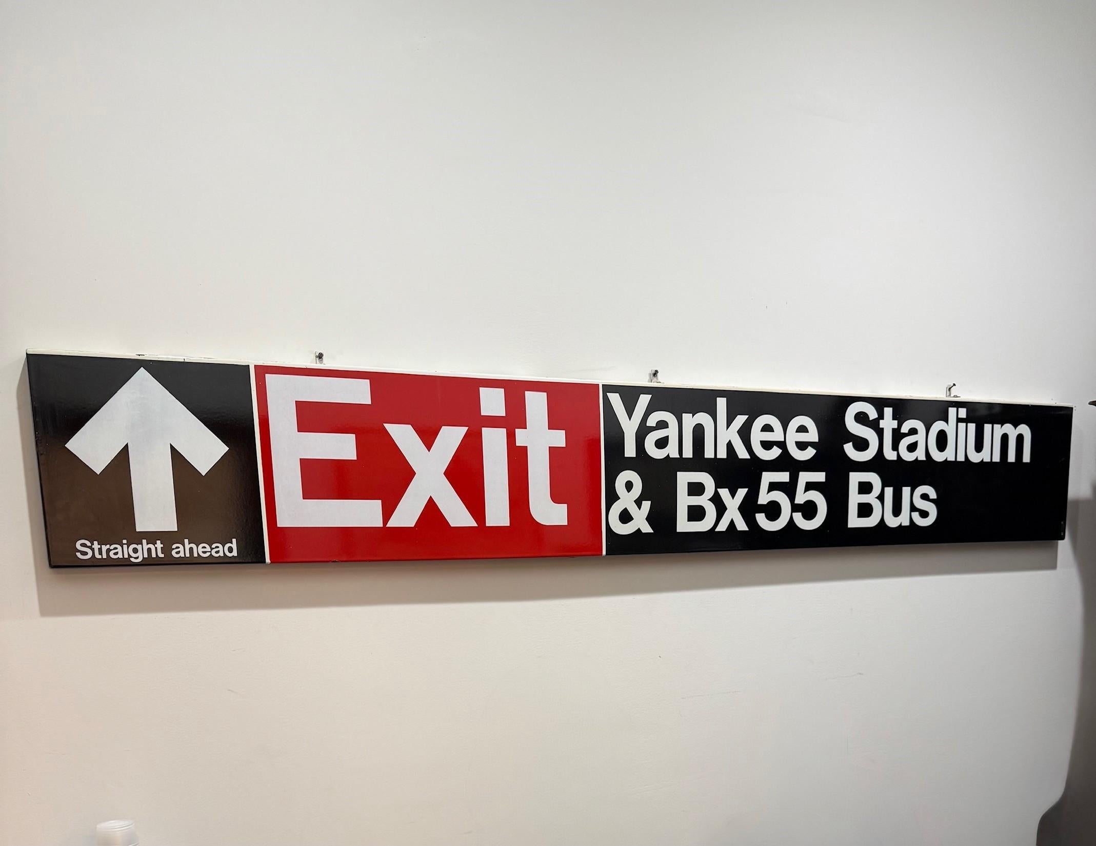 Original New York City Subway Station Exit Sign, Yankee Stadium & Bx. 55 Bus. This is an authentic NYC Subway station porcelain sign with the world famous New York Yankees exit Yankee Stadium & Bronx bus number 55. The sign is a great piece for any