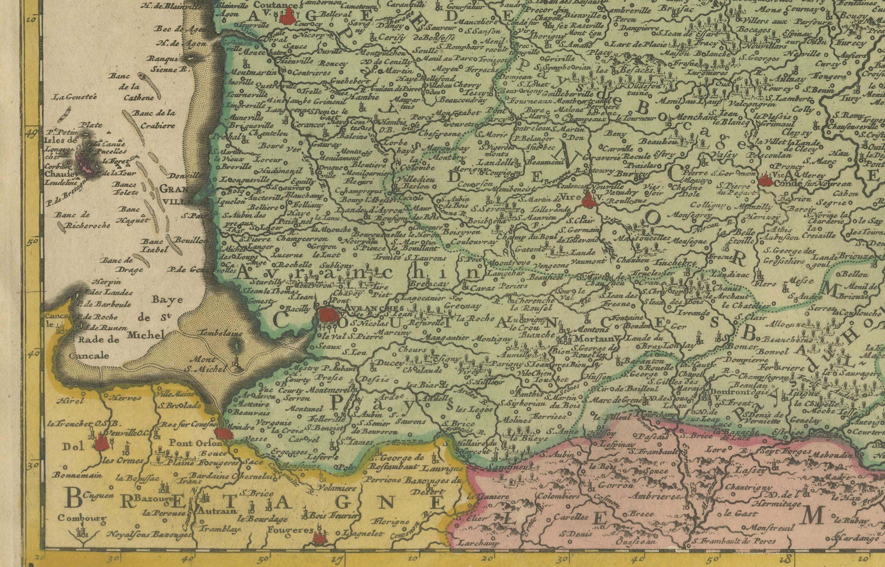 Mapa de Normandía de Frederick de Wit, 1705, con inserción de las Islas Anglonormandas

Descripción:
Este mapa bellamente grabado y coloreado a mano, titulado Duché et Gouvernement General de Normandie, fue creado por el célebre cartógrafo holandés