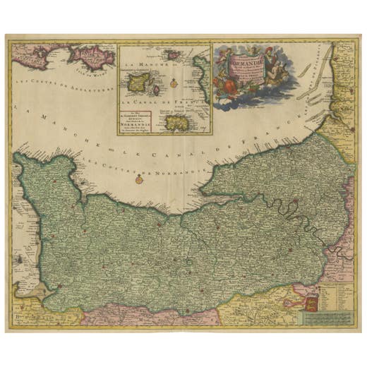 Original Normandy Map by Frederick de Wit, 1705, with Inset of Channel Islands