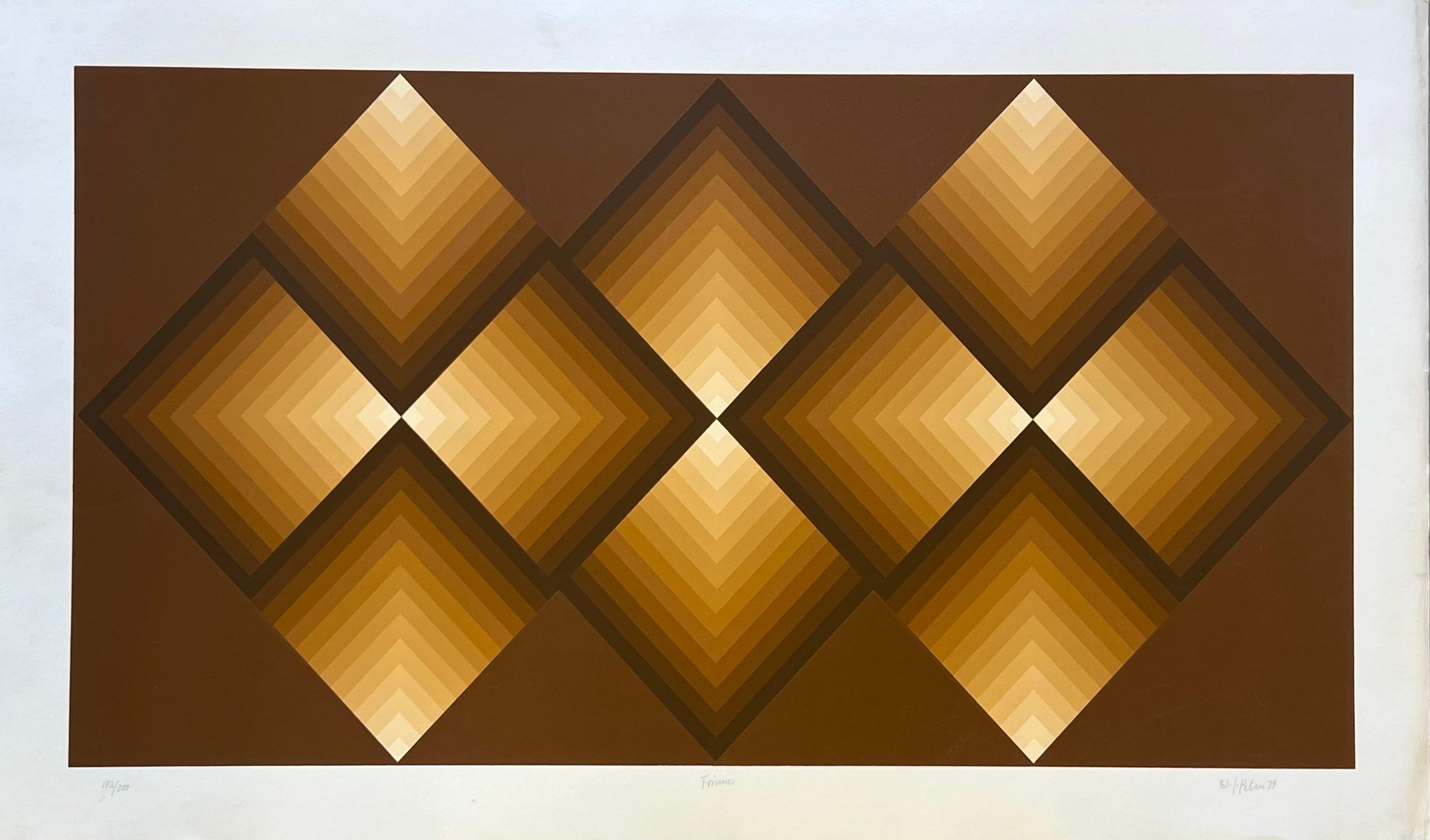 Original 1979 screen print numbered 142/200. Signed by artist Jurgen Peters and entitled Trieme. Jurgen Peters was born in 1936 in Hamburg Germany. He was a very well known optical artist in the 1970s, he was a known contemporary of Victor Vasarely,