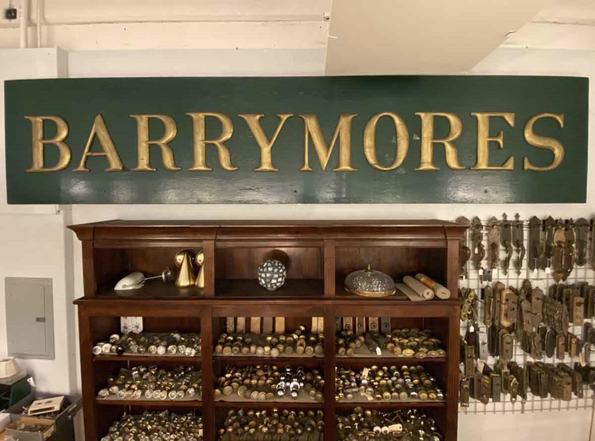 Original sign from the famous Barrymores Restaurant located at 267 W. 45th St. in NYC's Theater District. Green wood sign with raised gold gilded wood letters. Some natural weathering. This can be seen at our 333 West 52nd St location in the Theater