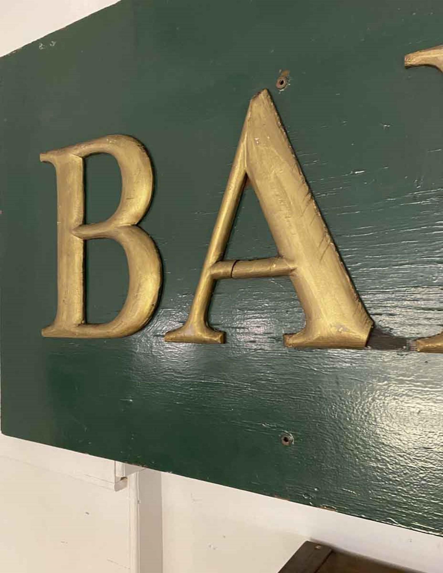 20th Century Original Sign from the NYC Barrymores Restaurant; Wood Painted Green and Gold