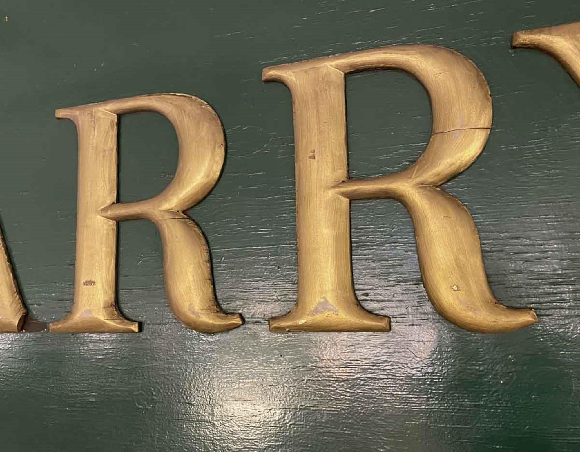 Original Sign from the NYC Barrymores Restaurant; Wood Painted Green and Gold 1
