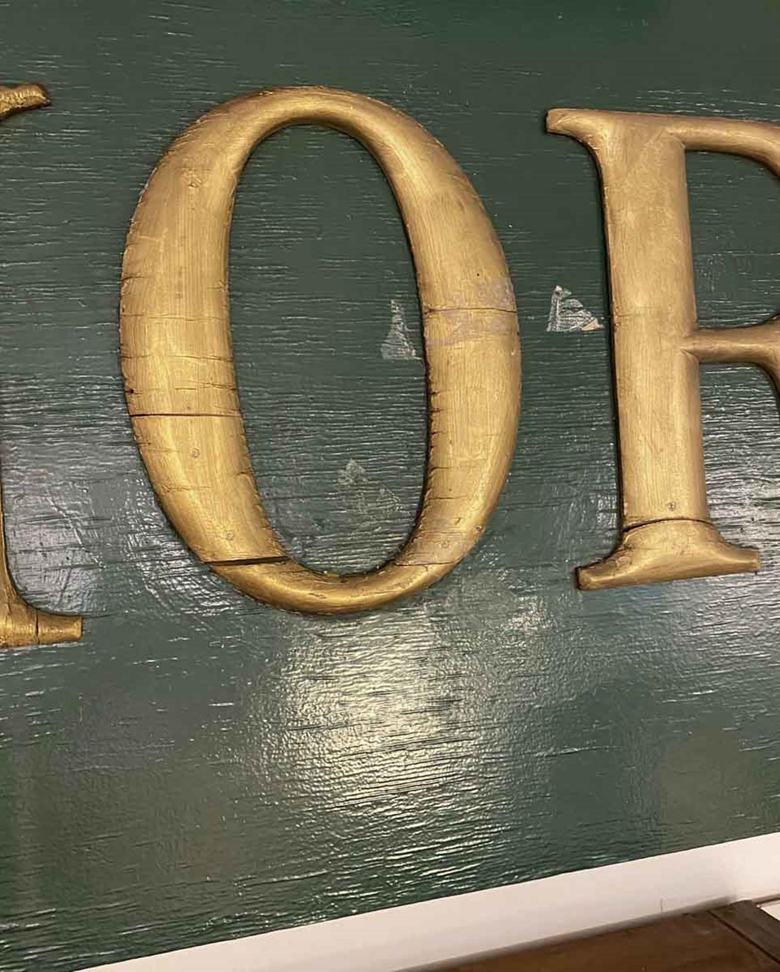 Original Sign from the NYC Barrymores Restaurant; Wood Painted Green and Gold 3
