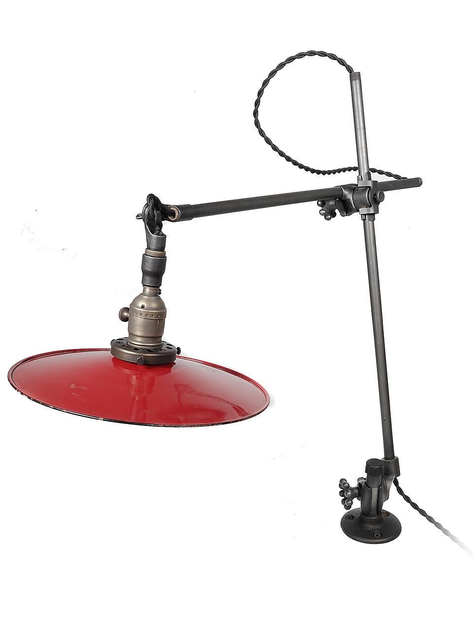 Steel Original O. C. White Articulated Wall or Desk Lamp, Red Shade For Sale