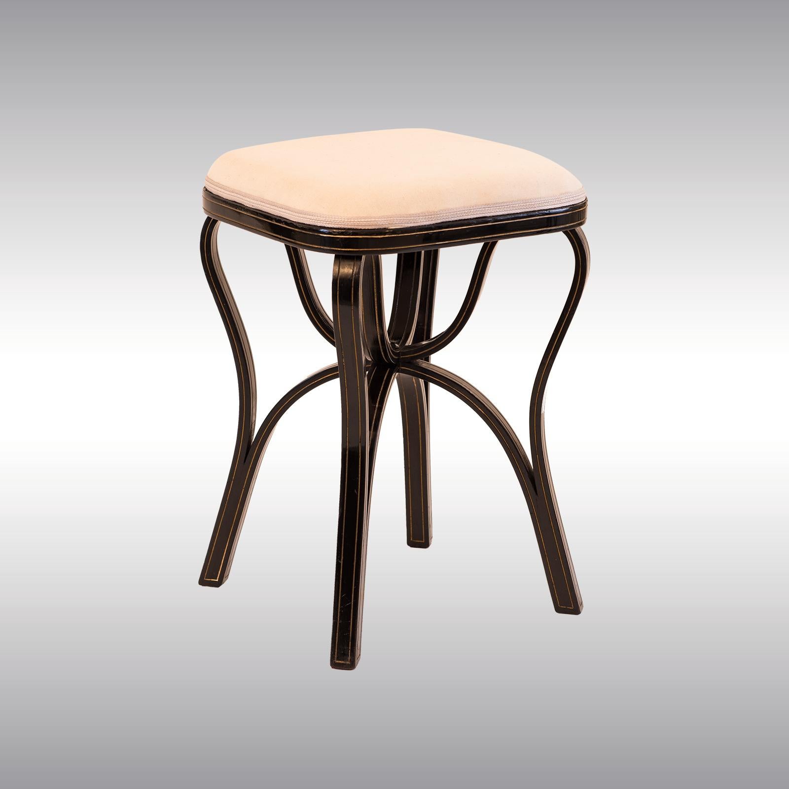 Wonderful and rare Thonet stool, published already in the 1888 Thonet Catalogue on page 23 as Salon-Stockerl Nr 5 zum Polstern
Material

Beechwood black stained with gold colored notches.