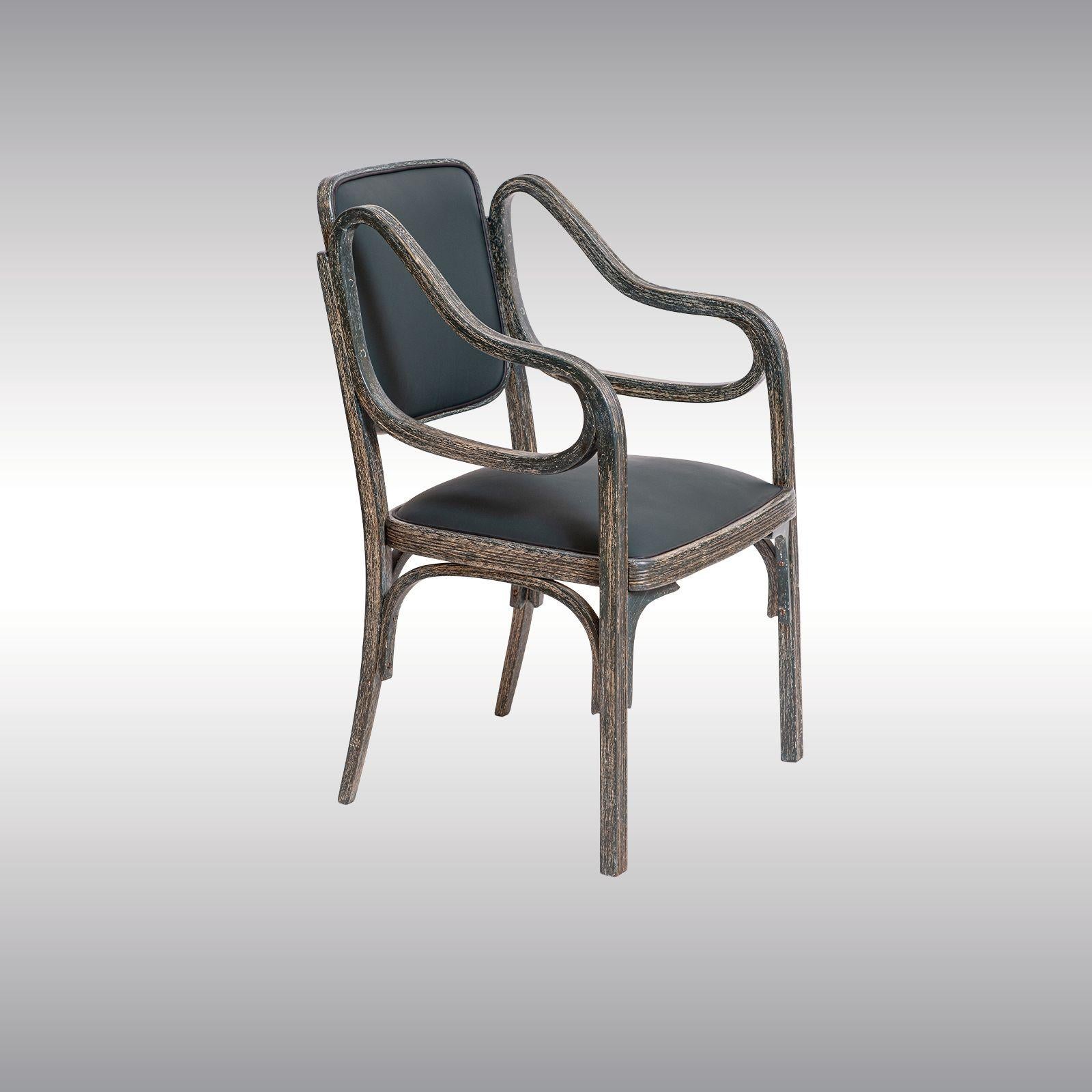 As pioneer and master of the Modern, Otto Wagner seized the then rather new technique of bending Wood for his furniture designs.
The design of this armchair dated back in 1901. This particular chair was manufactured at Mundus circa 1906. Especially