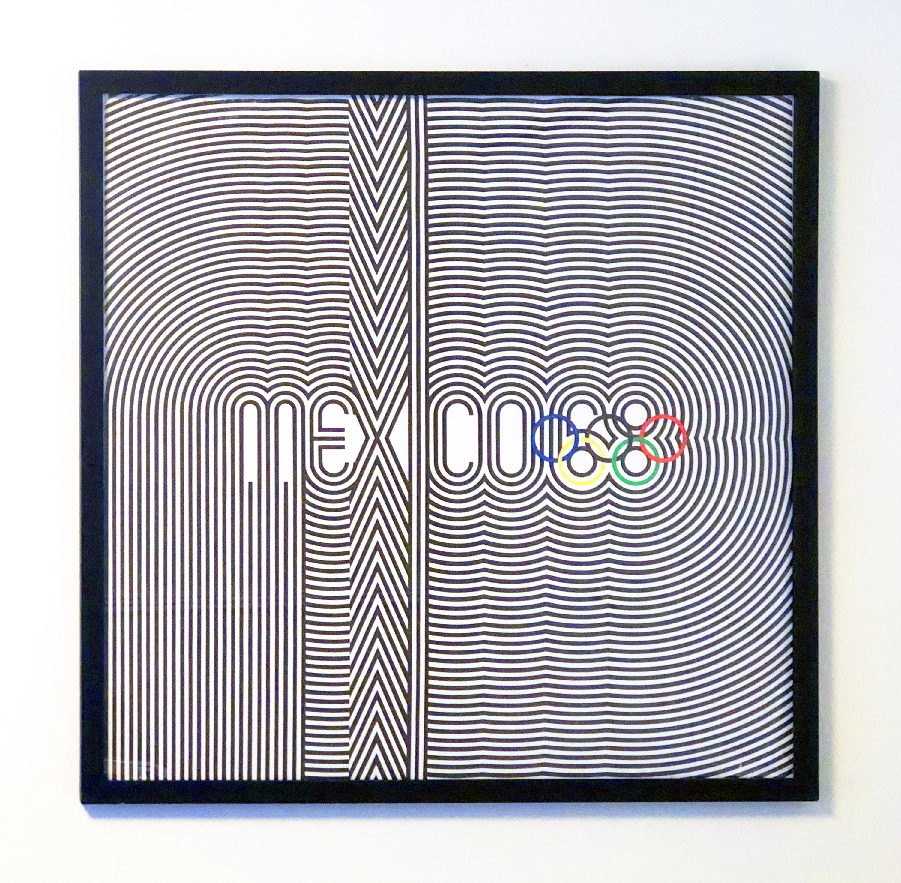 Original vintage sport poster for the 1968 Mexico Olympic Games - the Games of the XIX Olympiad October 12-27, 1968 - in a black lacquered wood frame.

The iconic “Mexico 68” event logo was designed by American graphic designer Lance Wyman in