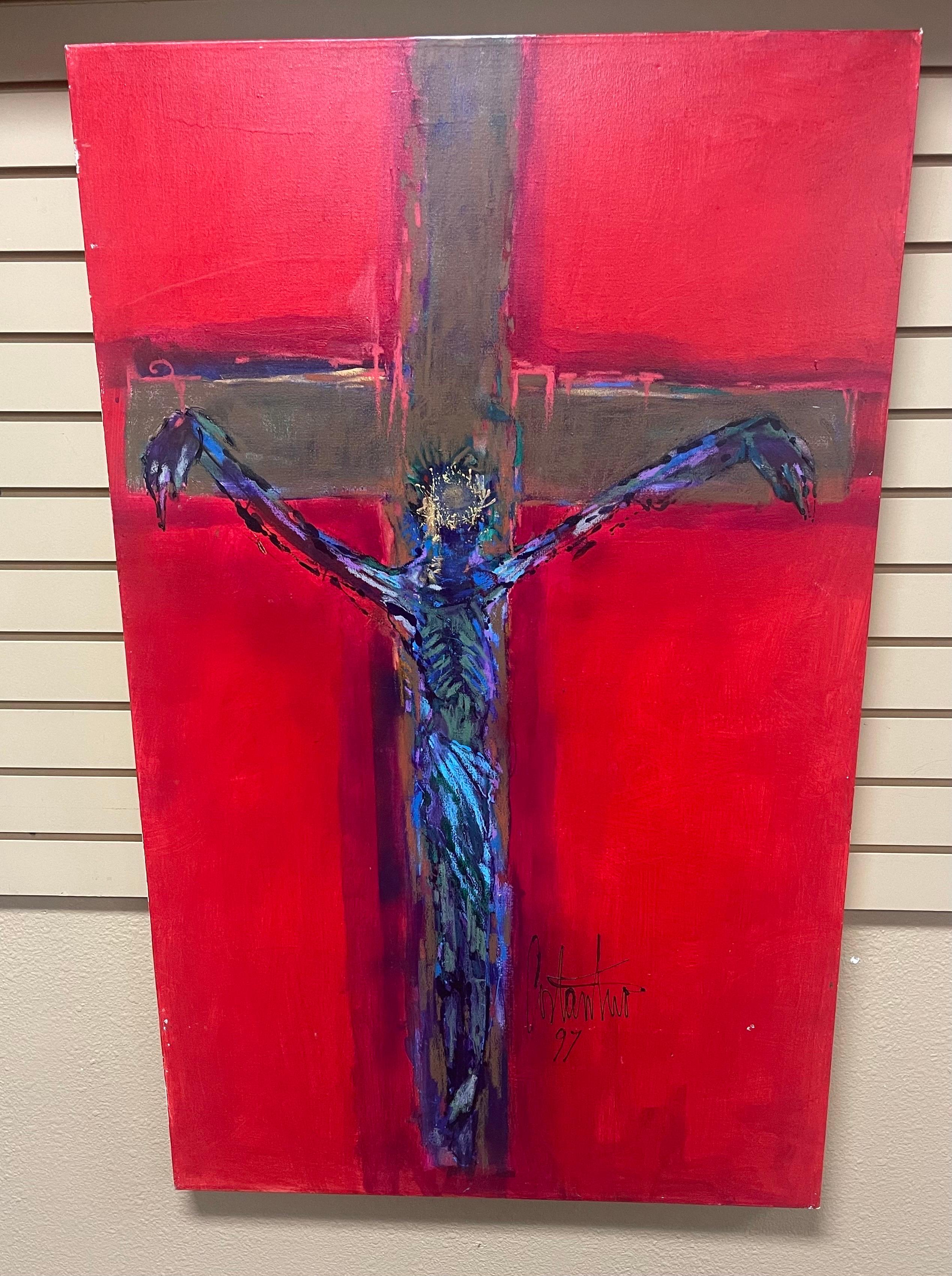 Canvas Original Oil Abstract Painting of Jesus Christ on the Cross by Ralph Costantino For Sale