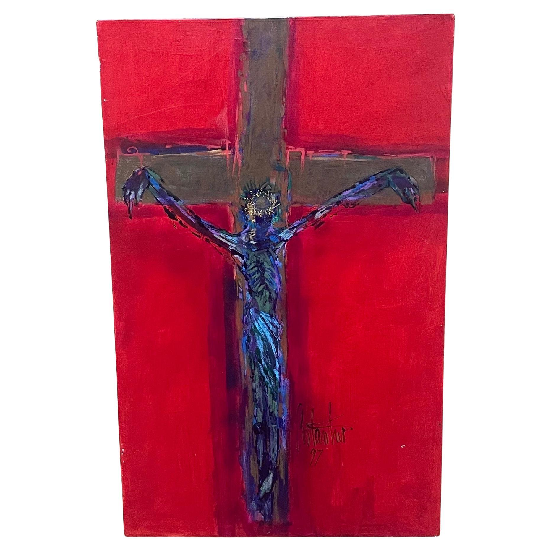 Original Oil Abstract Painting of Jesus Christ on the Cross by Ralph Costantino For Sale 1