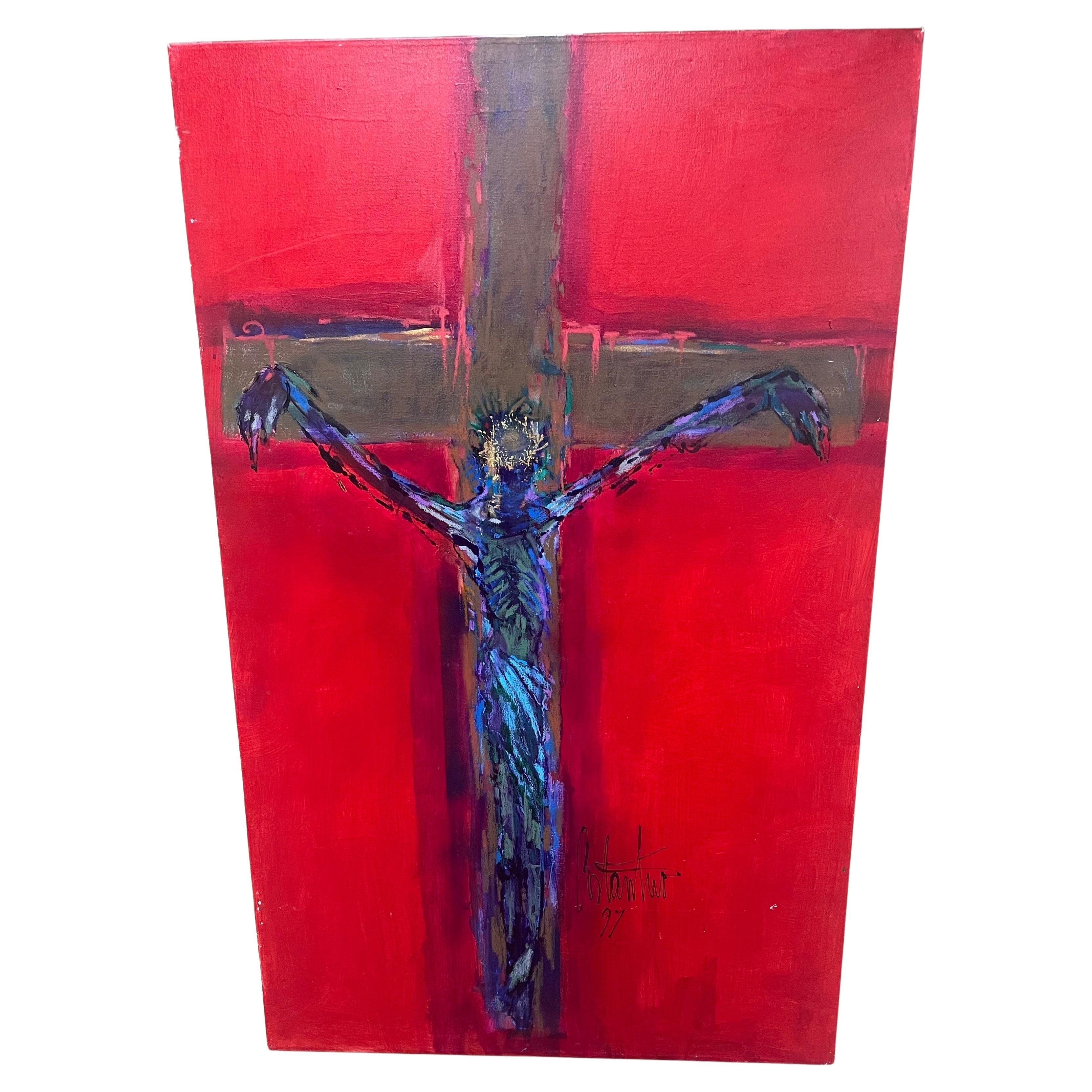 A large original oil on canvas abstract painting of Jesus Christ on the cross by Ralph Costantino, circa 1997. The painting is in very good vintage condition and measures 30