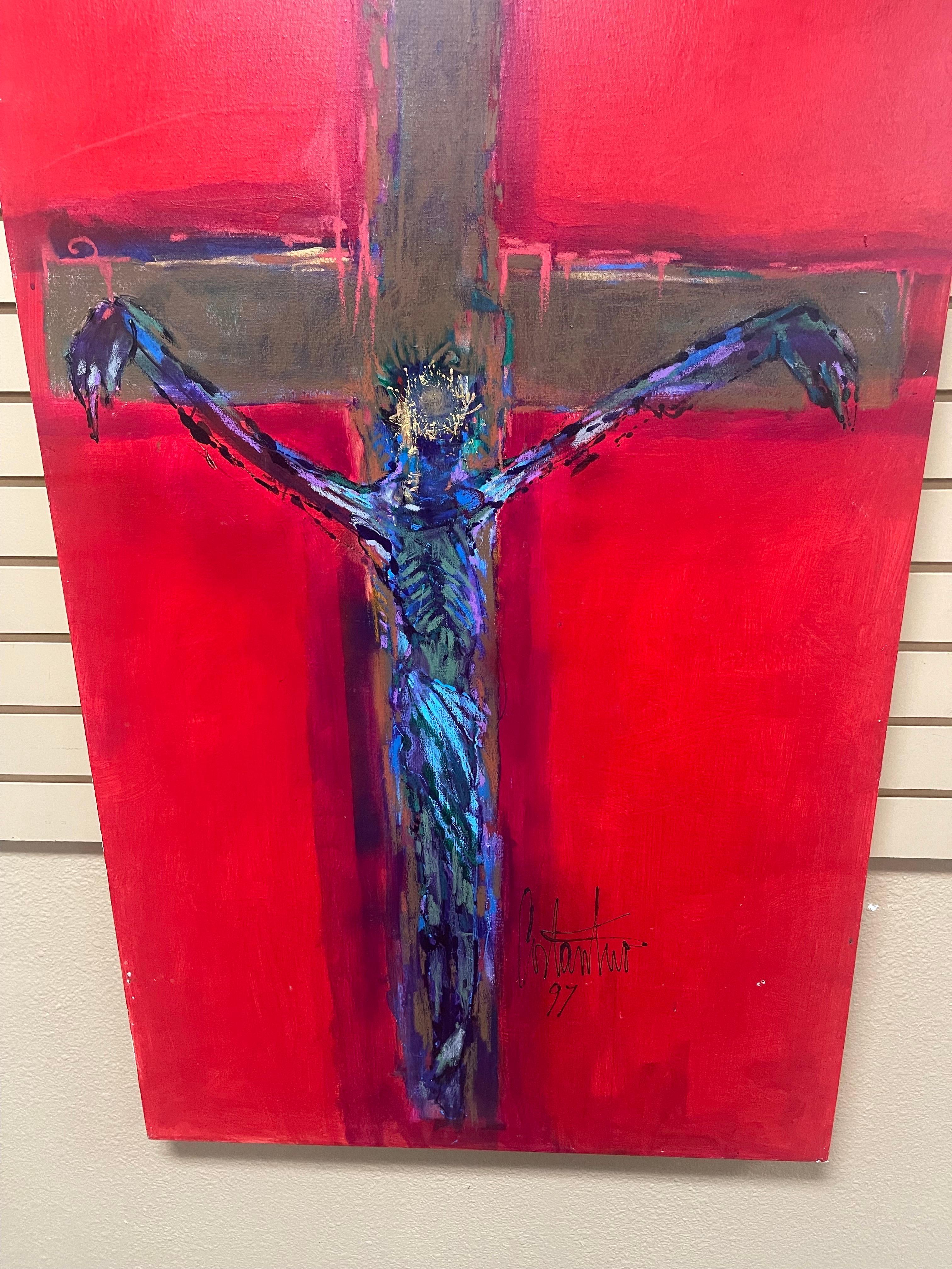 American Original Oil Abstract Painting of Jesus Christ on the Cross by Ralph Costantino For Sale