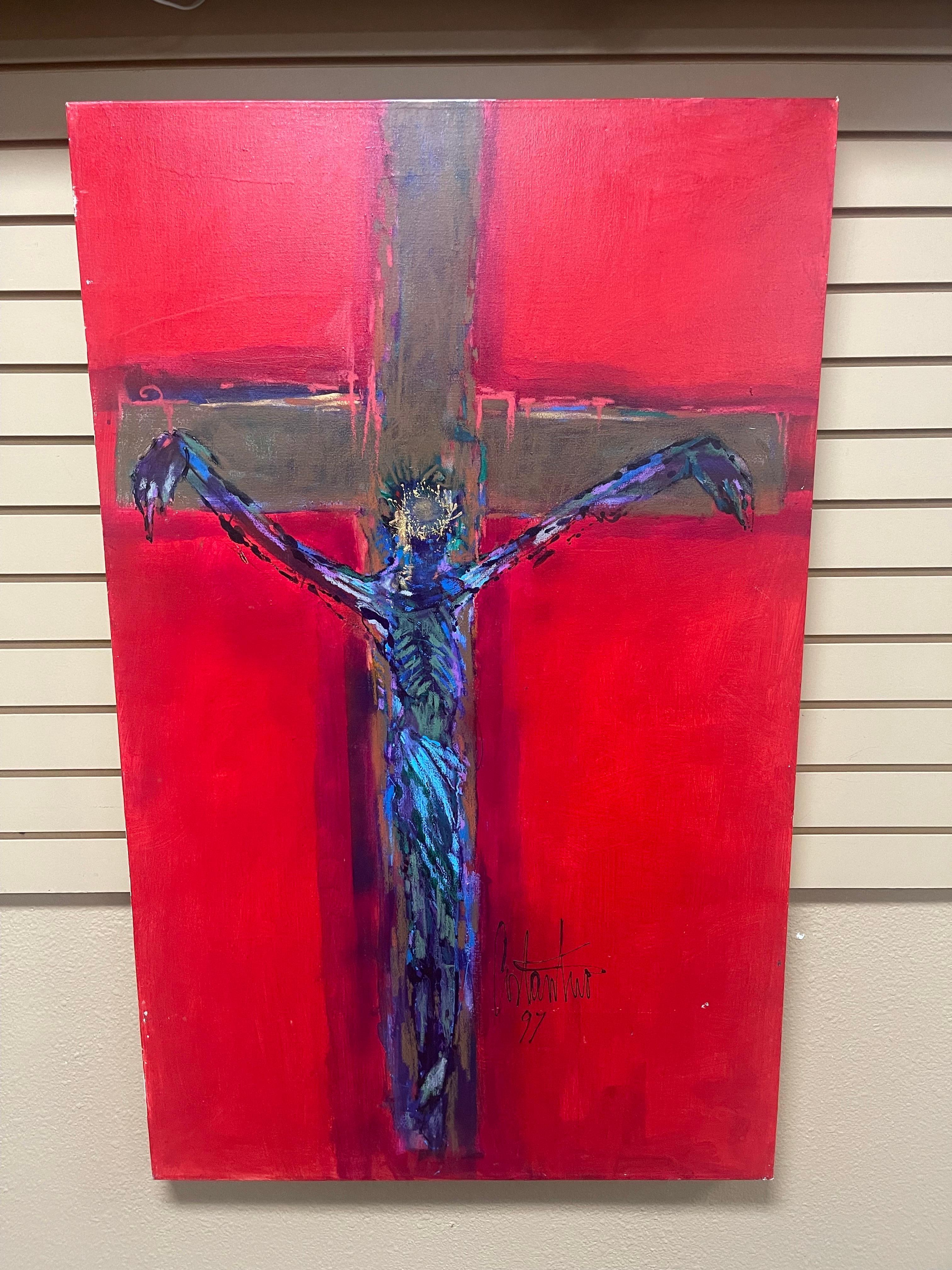Hand-Painted Original Oil Abstract Painting of Jesus Christ on the Cross by Ralph Costantino For Sale