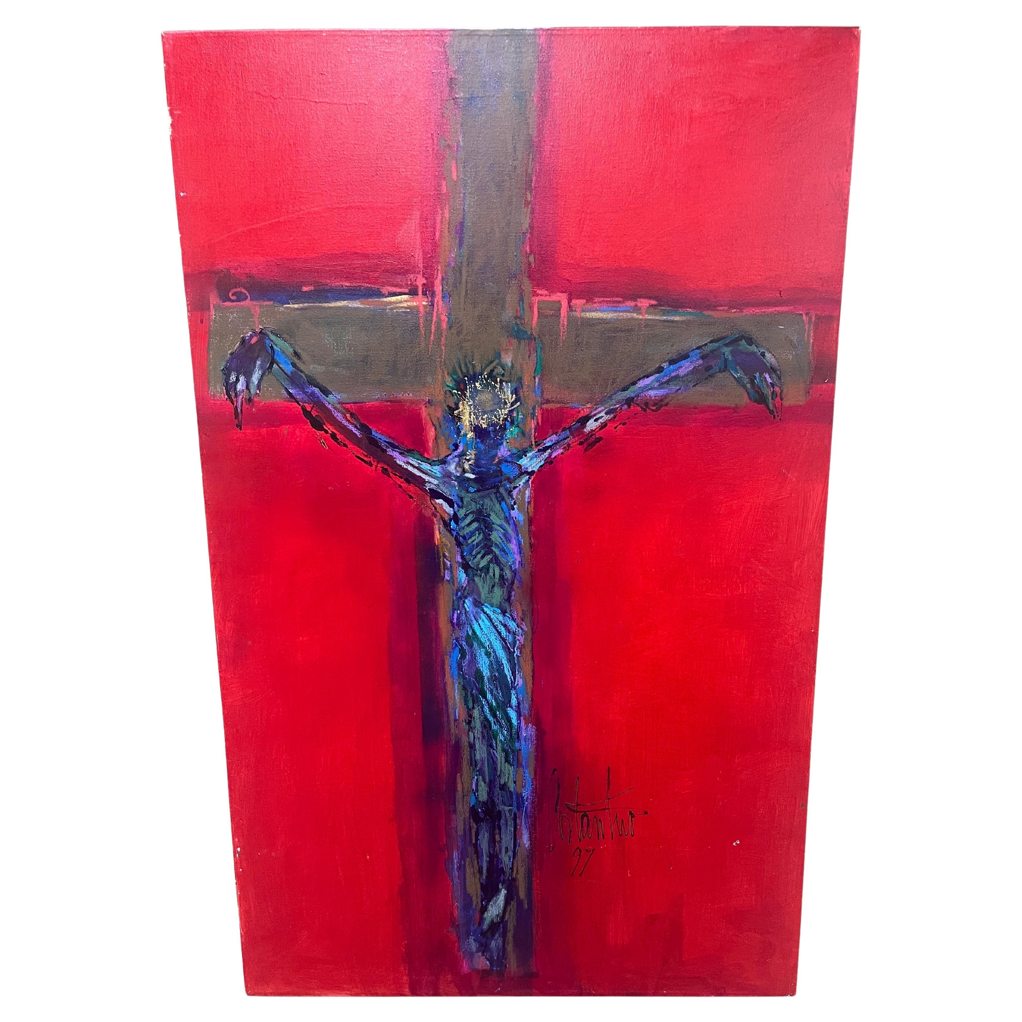 Original Oil Abstract Painting of Jesus Christ on the Cross by Ralph Costantino For Sale