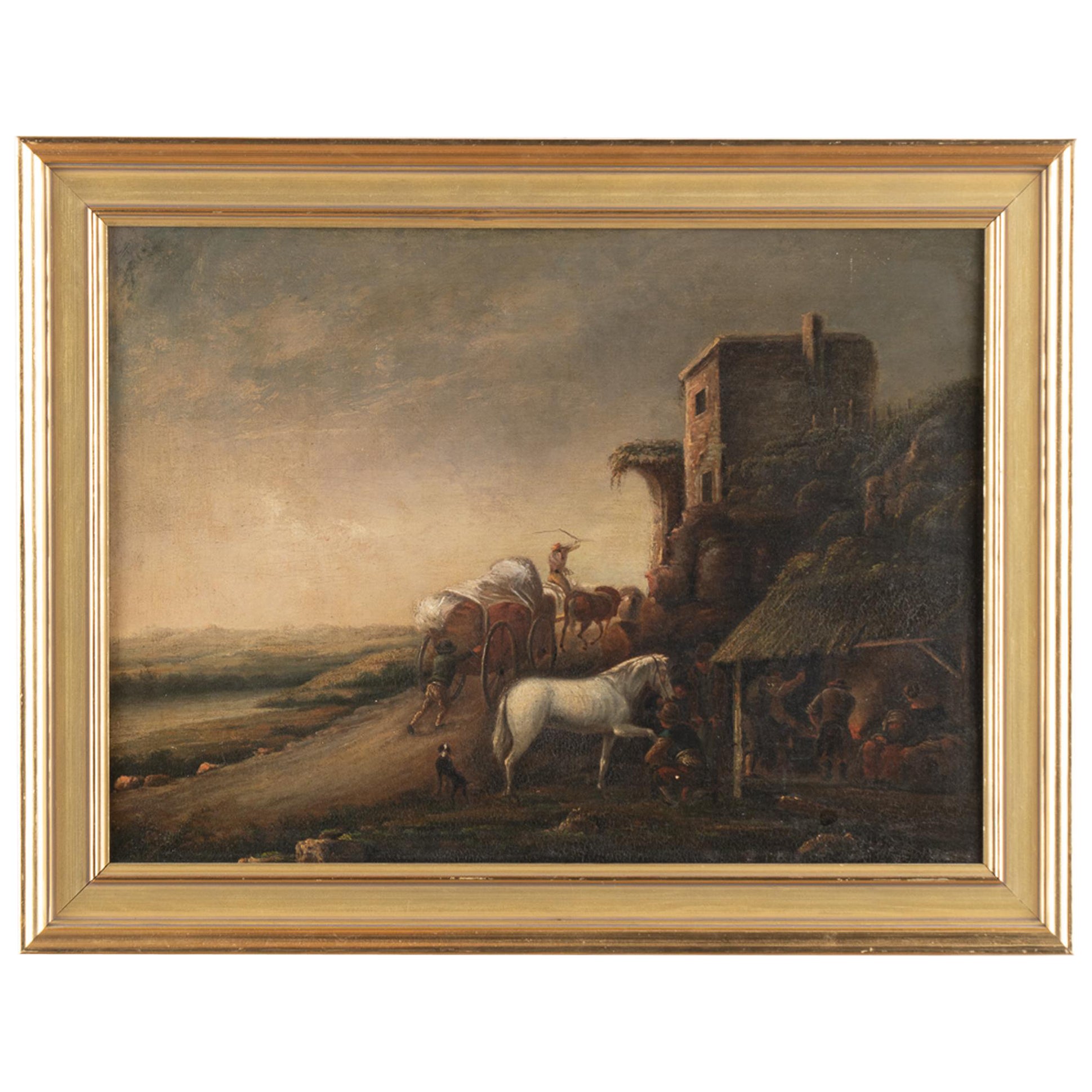 Pittura originale olio su tavola di un villaggio italiano, Italia, 1800-20 circa