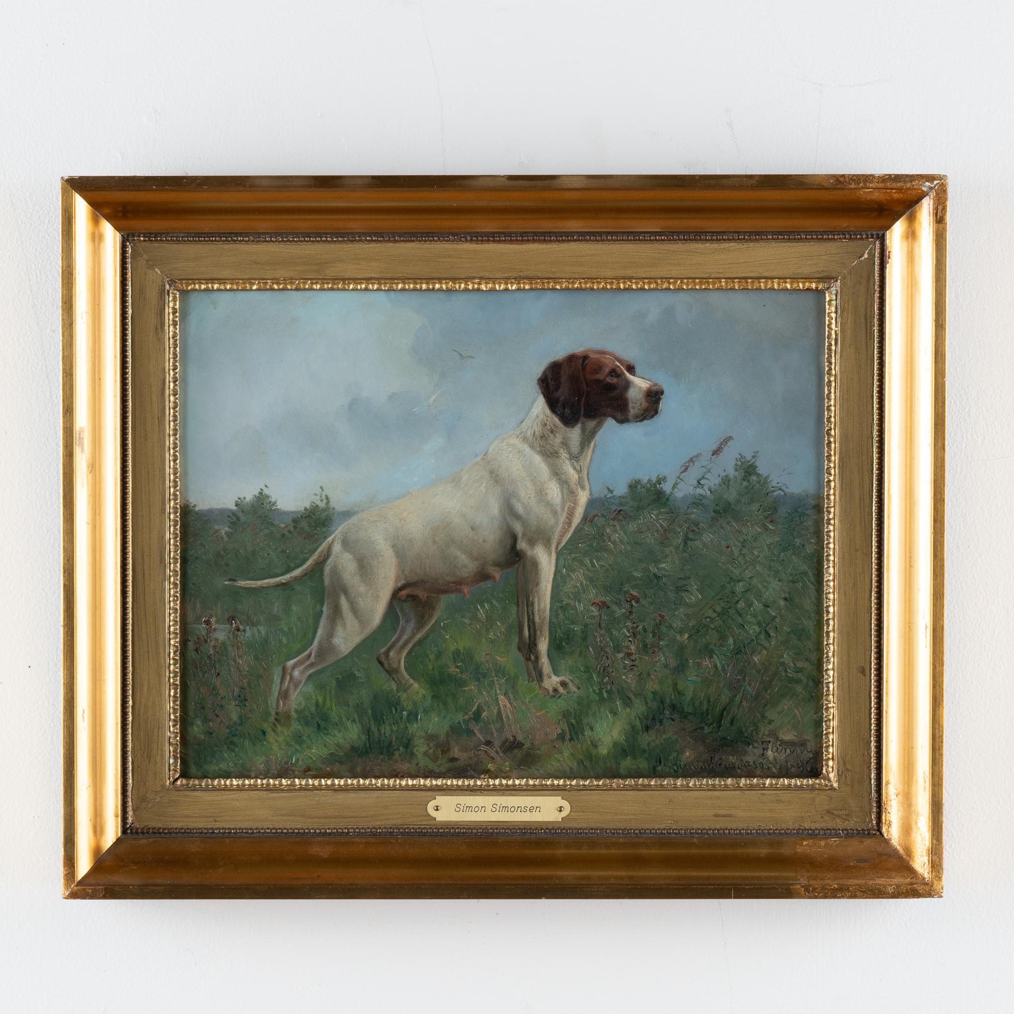Original oil on board landscape painting with portrait of a pointer, named 