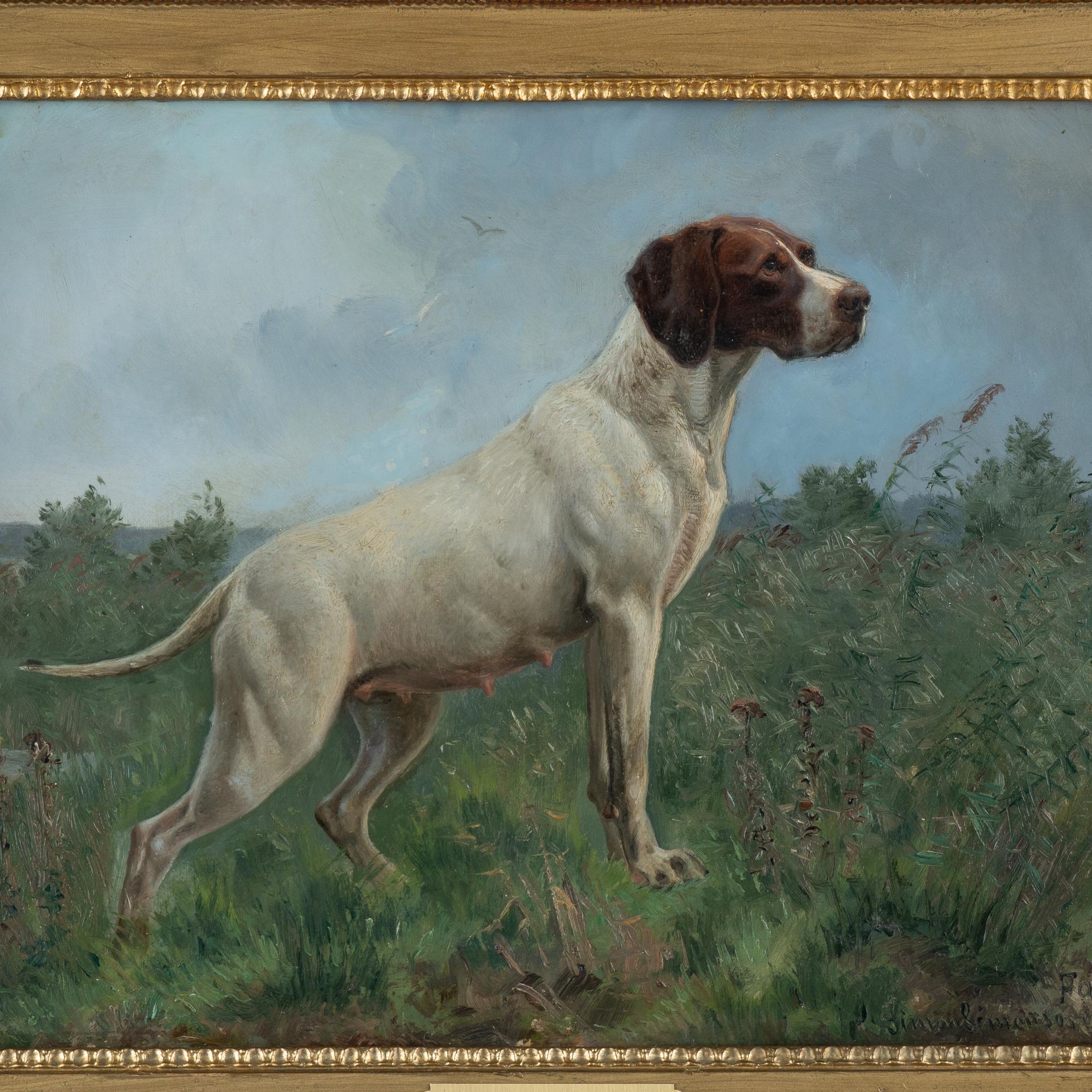 19th Century Original Oil on Board Painting of Pointer Dog, signed Simon Simonsen, 1896