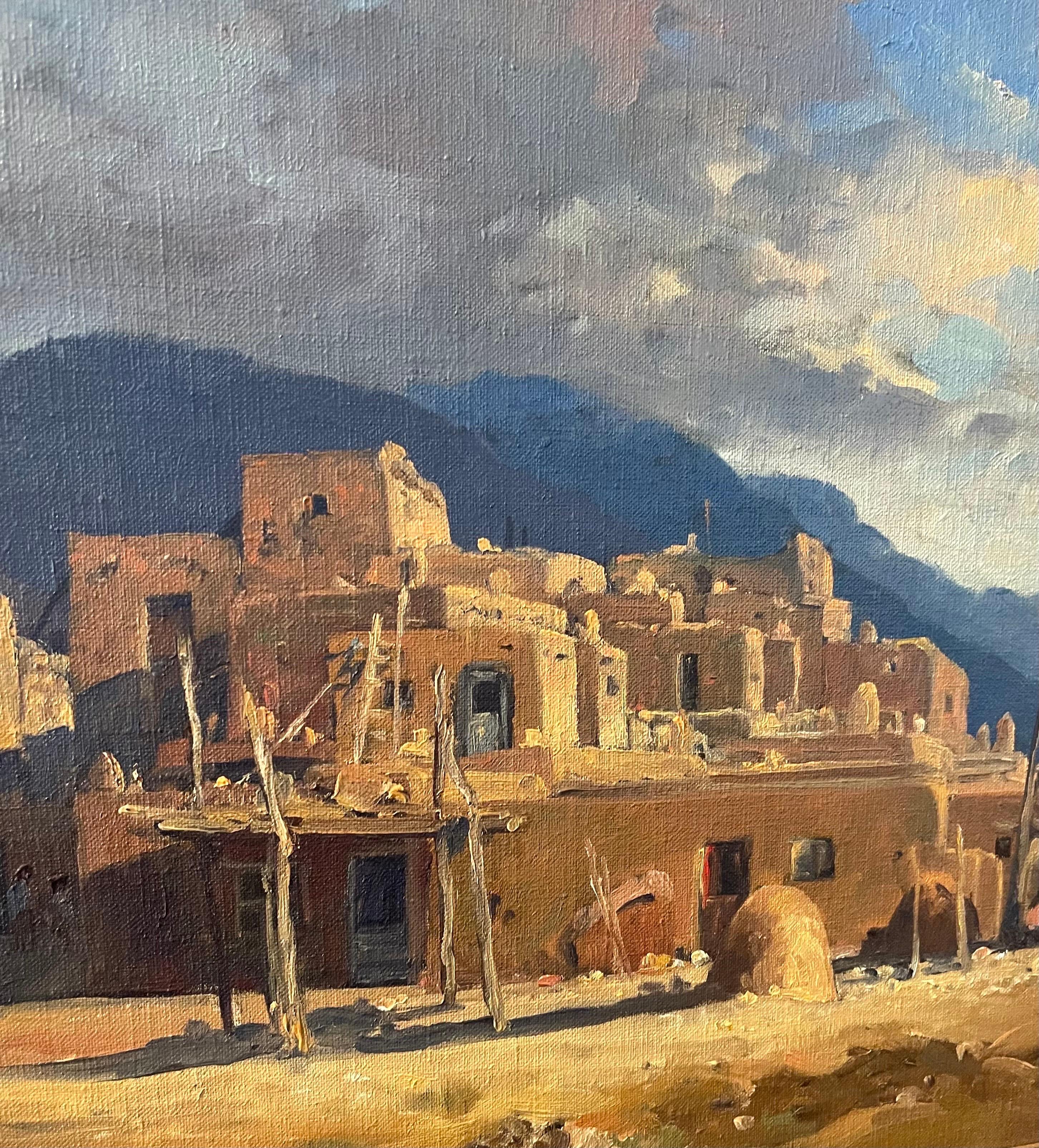 Gorgeous original oil on board pueblo landscape by listed artist Ralph Love, circa 1950s. This wonderful piece, which has photographic qualities, measures 23.5 x 19.5 framed and the painting itself is 17.5