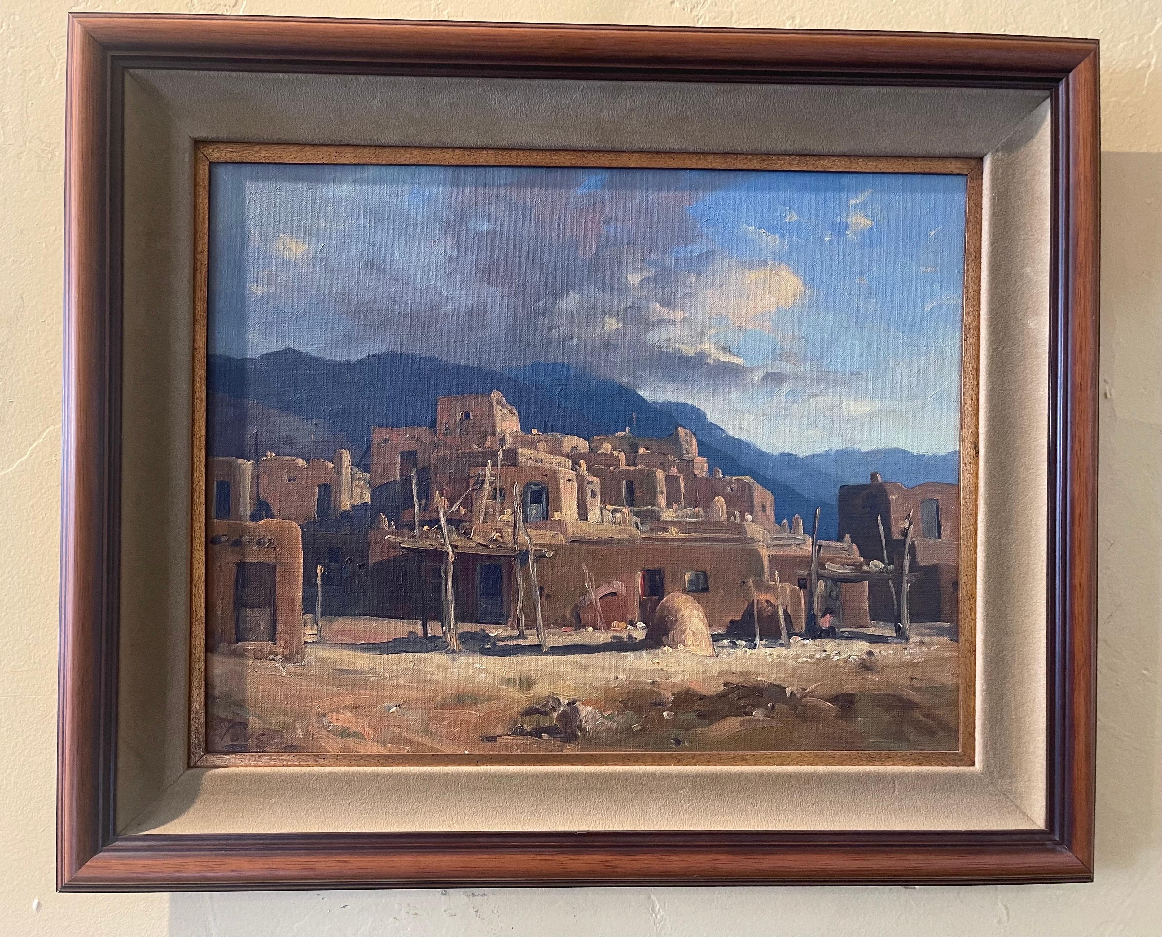 American Original Oil on Board Pueblo Landscape by Ralph Love