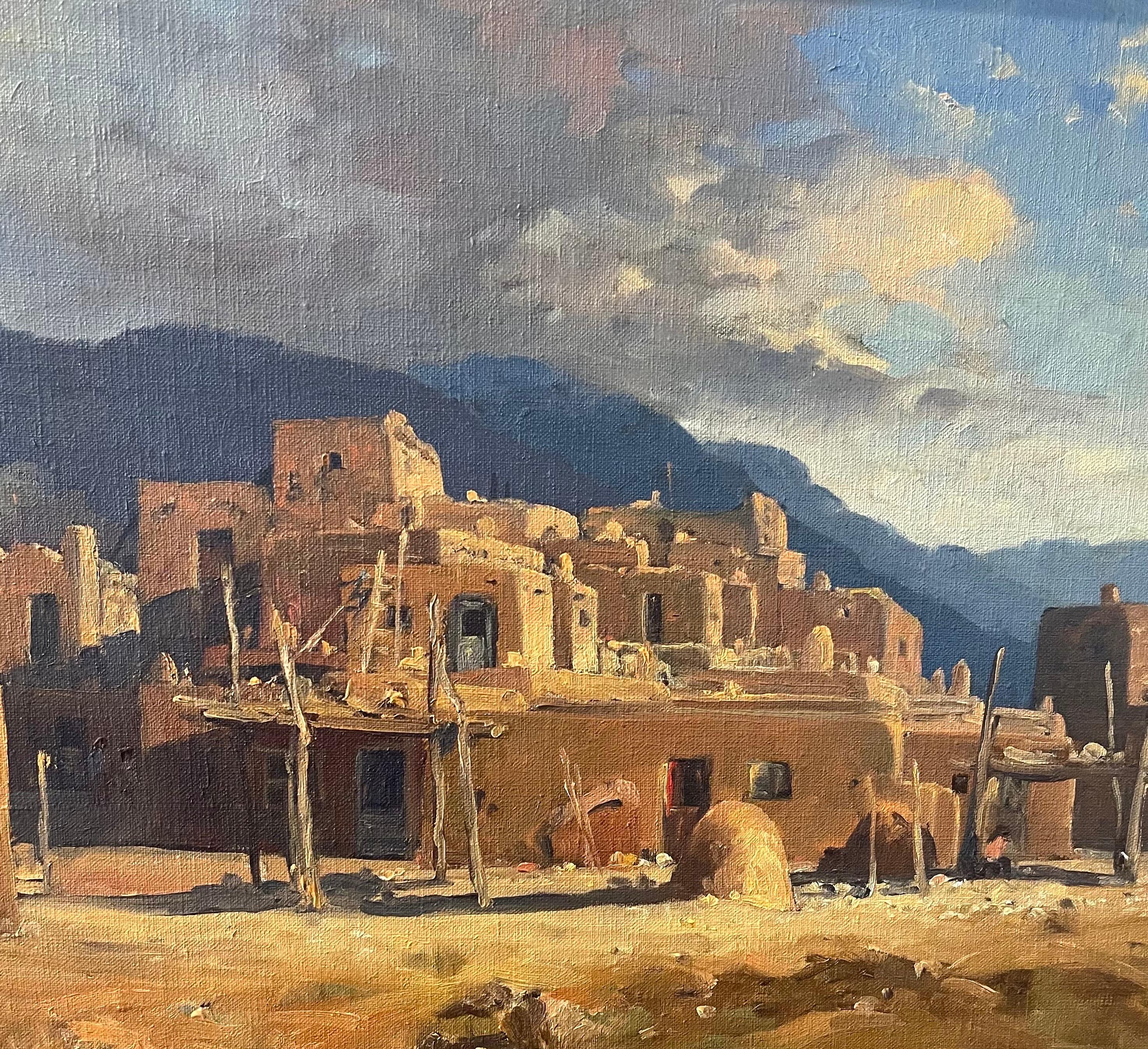 20th Century Original Oil on Board Pueblo Landscape by Ralph Love