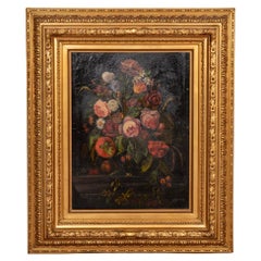Antique Original Oil on Board Still Life of Flowers, Fruit and Dragonfly, Signed by Unkn