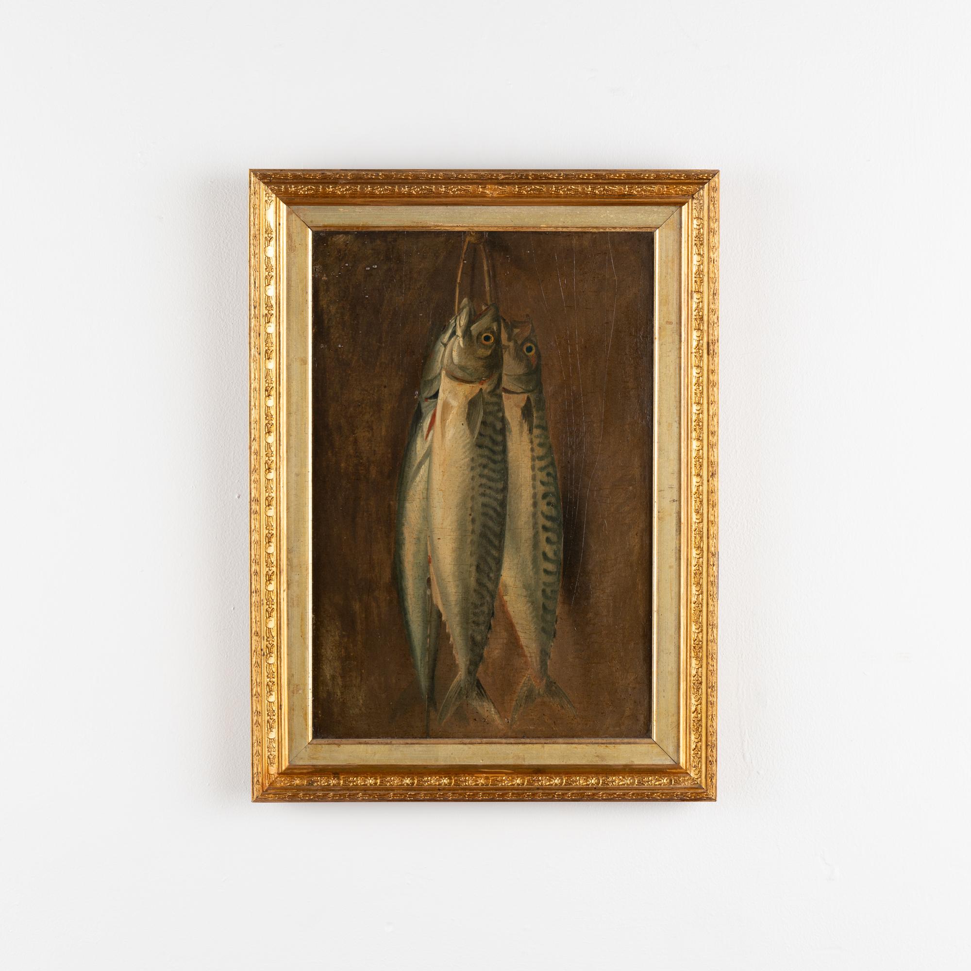 Original oil on board painting of still life with three fish.
Aged condition includes craquelure throughout, old repairs, small bubbles, nicks/scratches, etc. Board is solid, in tact. Gold gilt frame is in similar typical used condition for age.