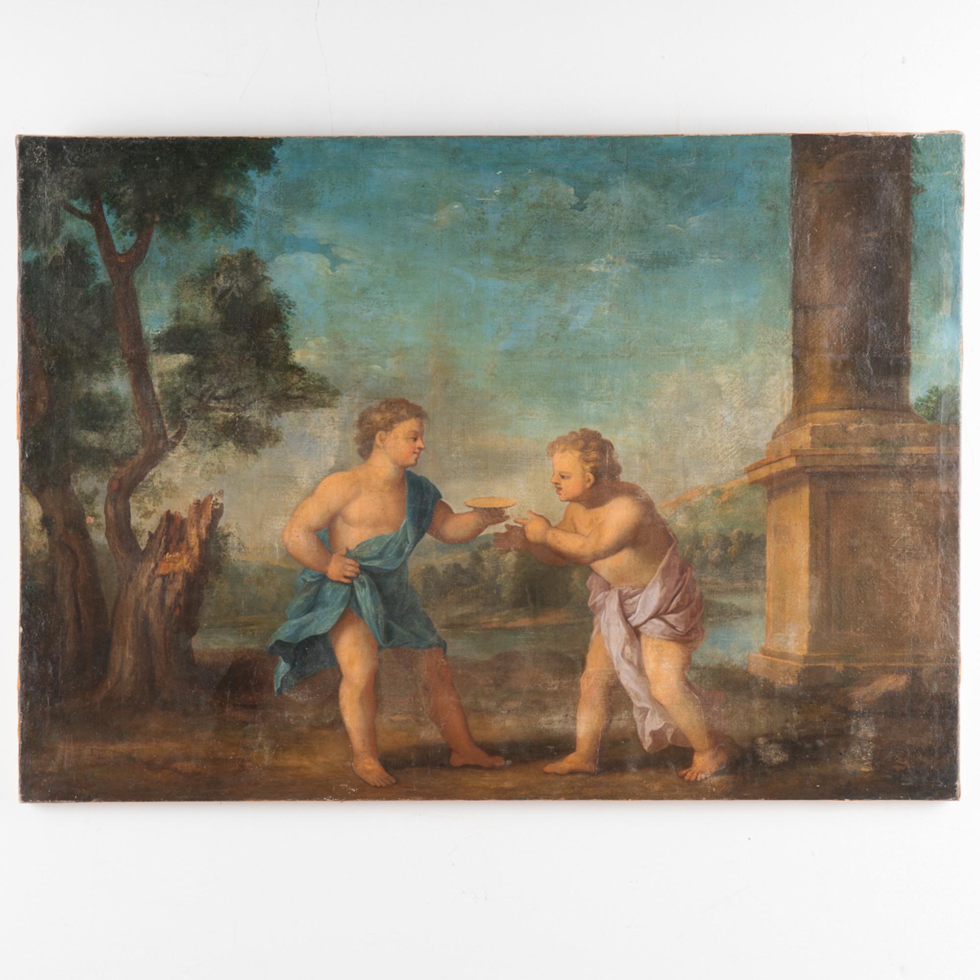 The colors remain vivid in this original oil on canvas painting of allegorical scene, Italian School, circa 1800.
Condition: Age related craquelure and peelings throughout, hole (between trees), old repairs. Remains of red paper (perhaps from