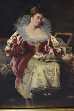 Original Oil on Canvas by Manuel Mendez Spanish Artist Lady Doing Needlepoint