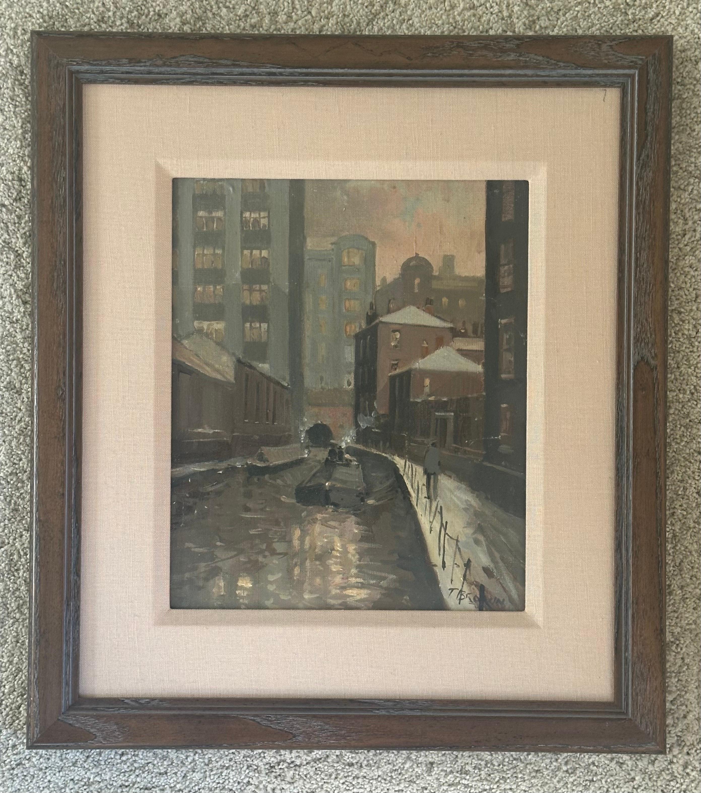 Haunting original oil on canvas cityscape painting by T. Brown, circa 2000s. The piece is in very good condition and measures 17