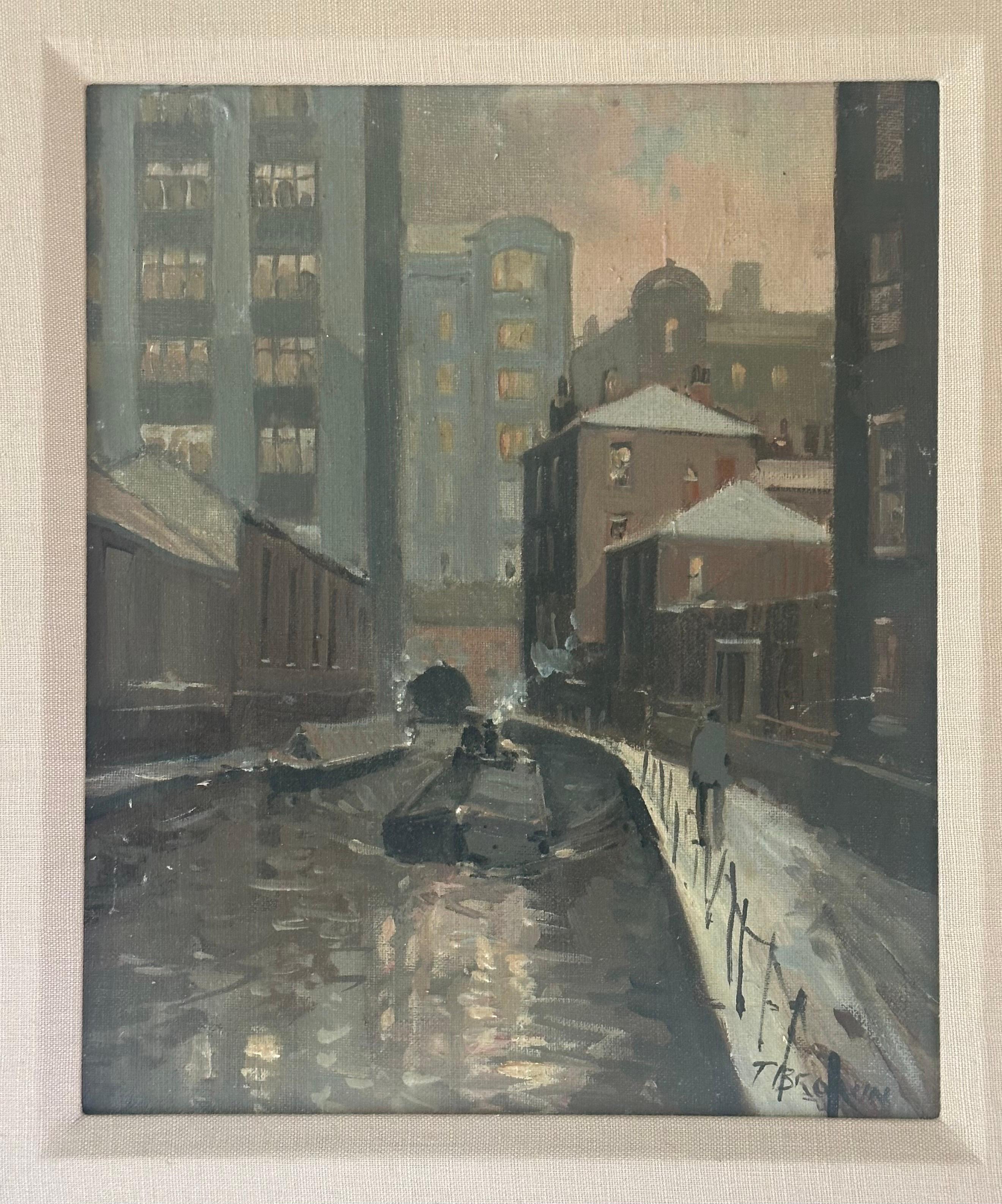 Américain Huile sur toile originale de paysage urbain de T. Brown en vente