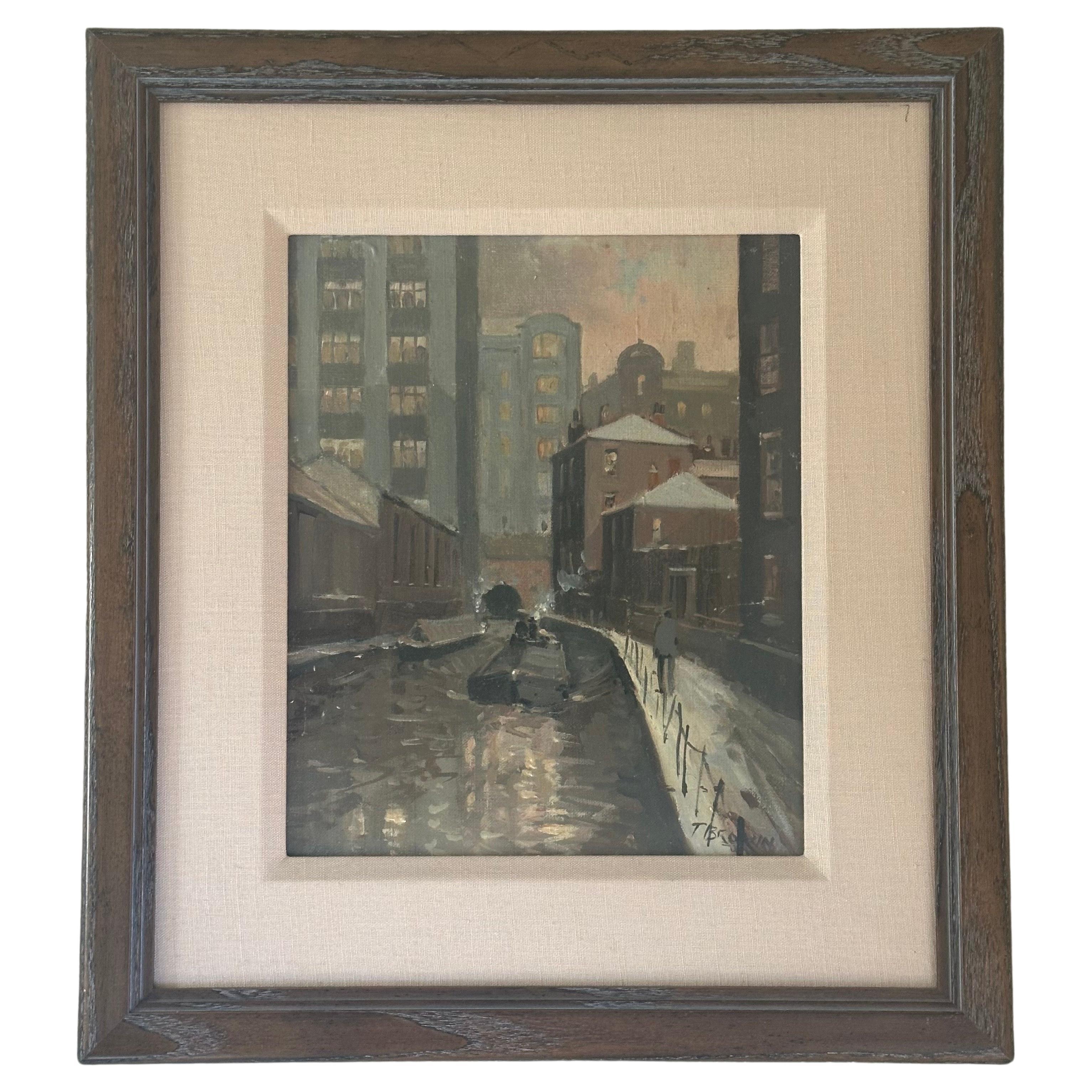 Original Oil on Canvas Cityscape Painting by T. Brown For Sale