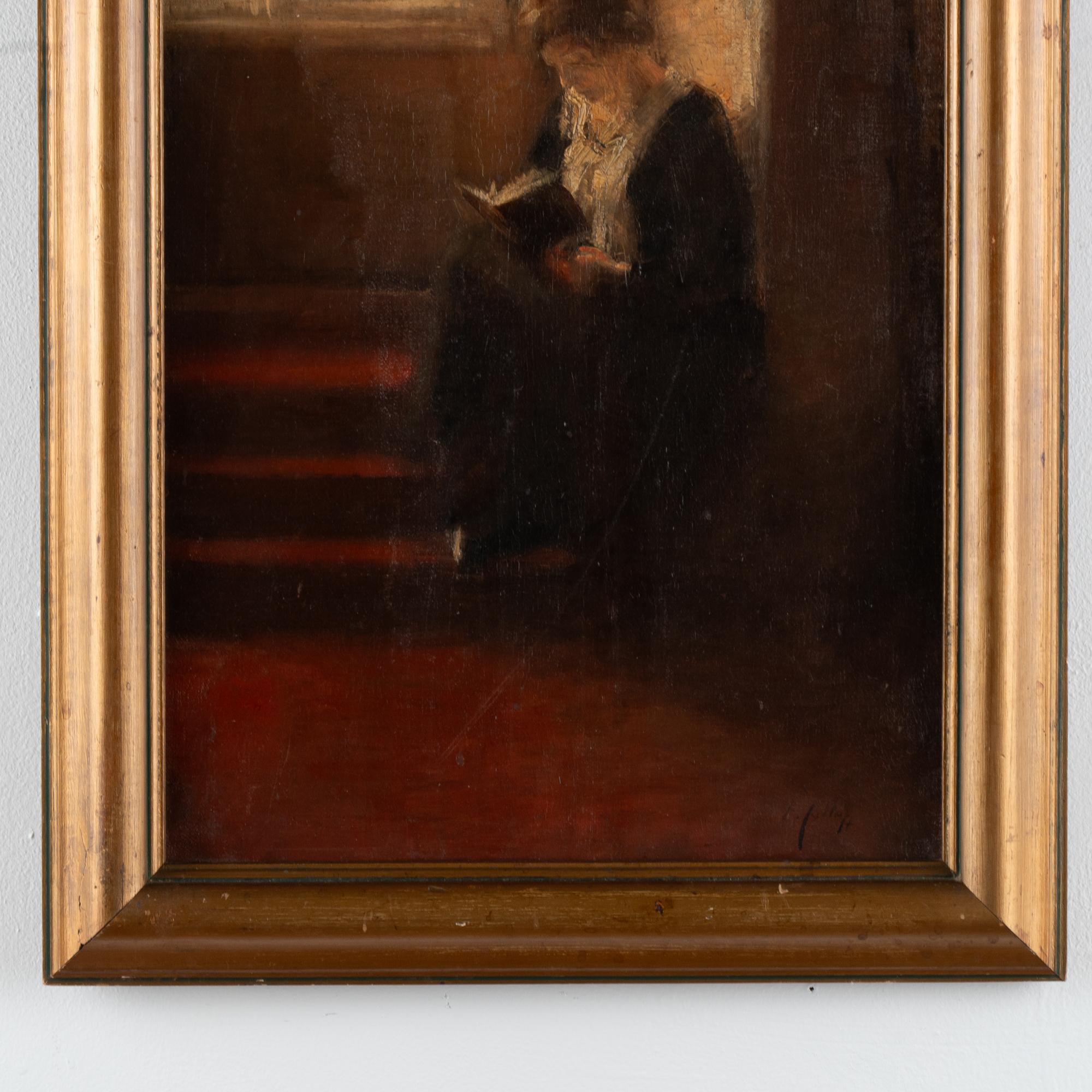 XX secolo Olio originale su tela Interno di donna che legge, firmato da Edvard Anders Saltof in vendita