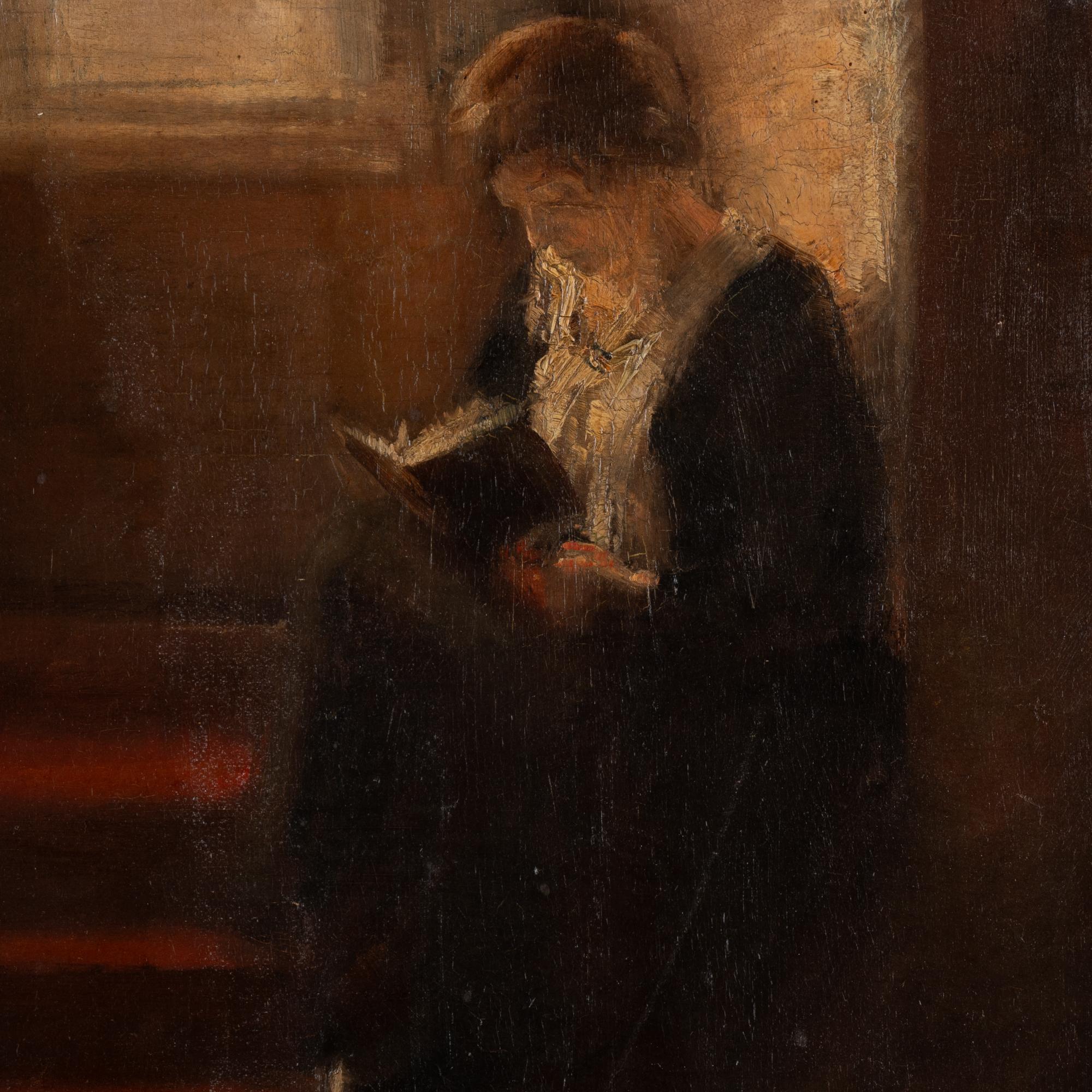 Tela Olio originale su tela Interno di donna che legge, firmato da Edvard Anders Saltof in vendita