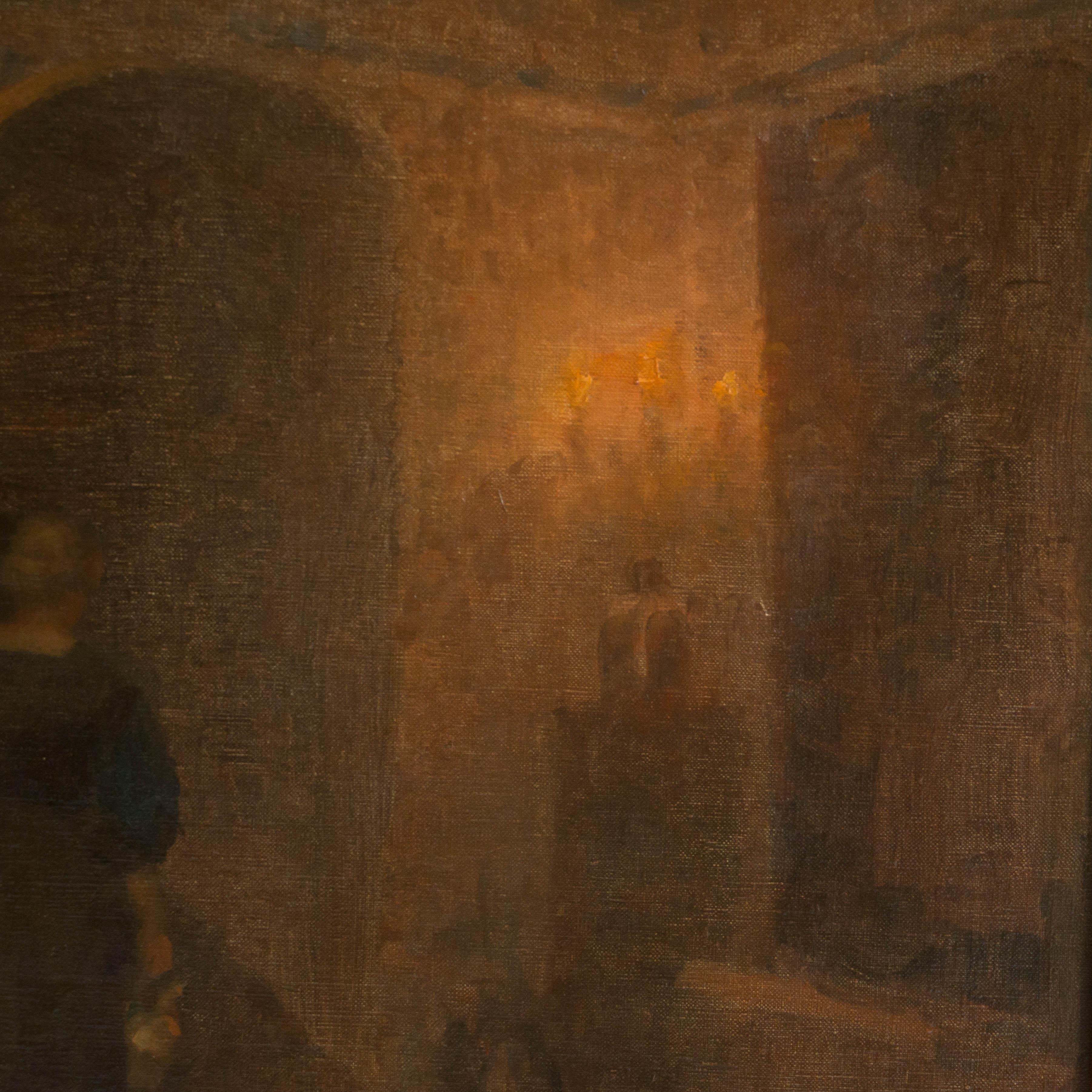 Original oil on canvas genre painting of woman in long period dress walking through a dimly lit interior corridor with the soft glow of candlelight in the corner. The painting is mounted in a giltwood and gesso frame and is signed illegibly, in the