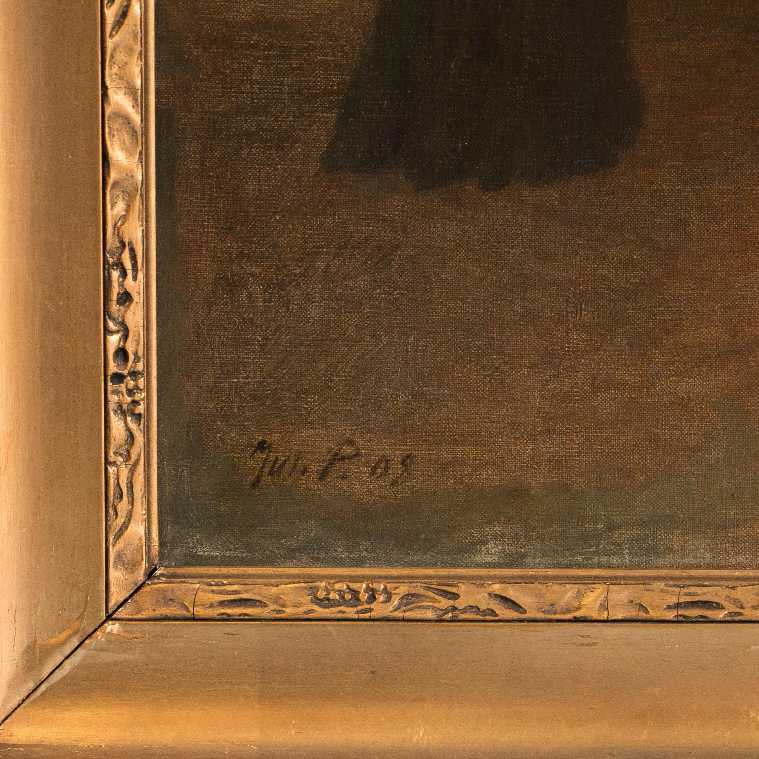 Danish Original Oil on Canvas Interior Painting of Woman in Hallway