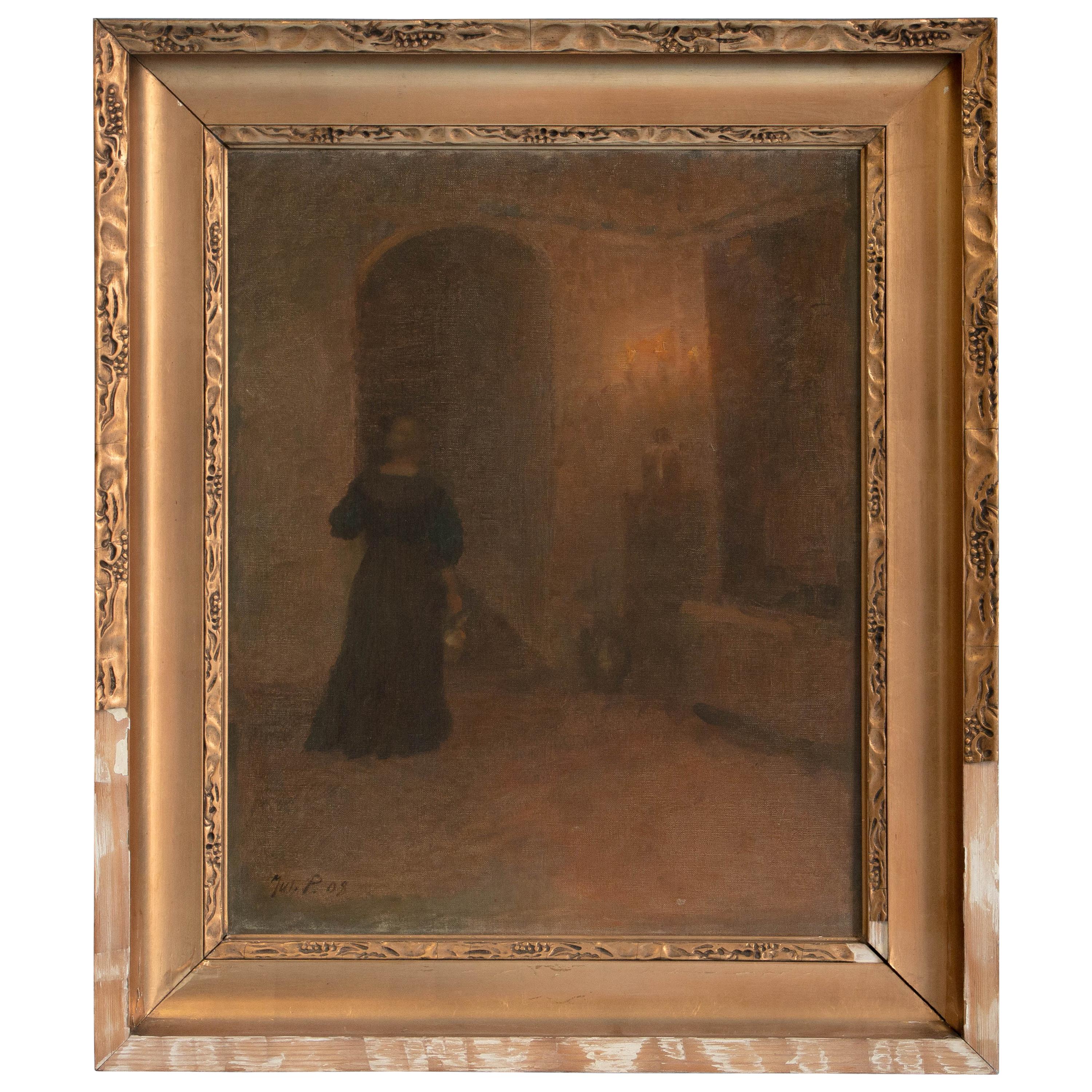 Original Oil on Canvas Interior Painting of Woman in Hallway
