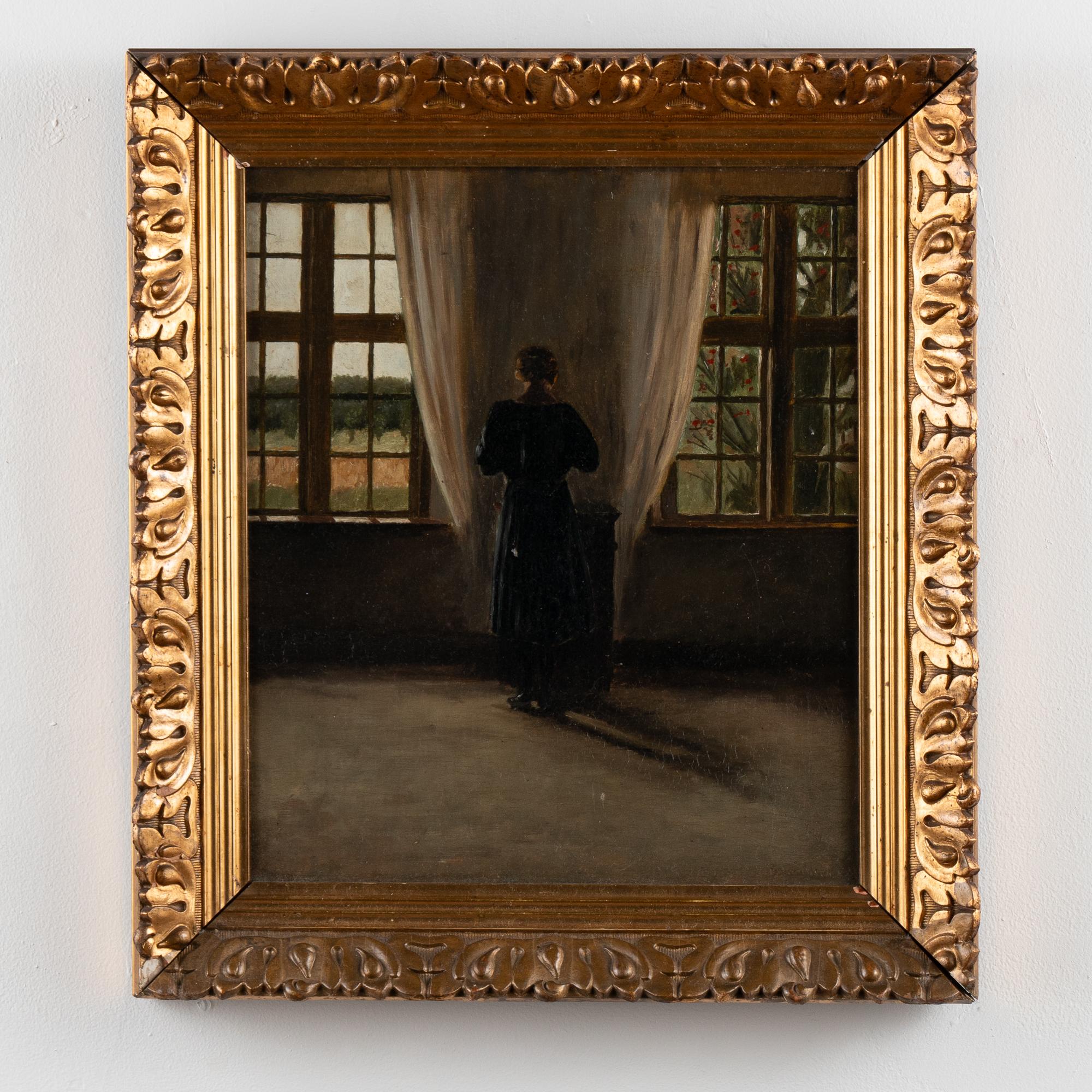 Original oil on canvas interior portrait of a woman standing at window. 
Signed Espen Olsen and dated '07 on back upper left corner.
Canvas in good vintage condition, craquelure visible throughout. 
Typical age related nicks, scratches, abrasions