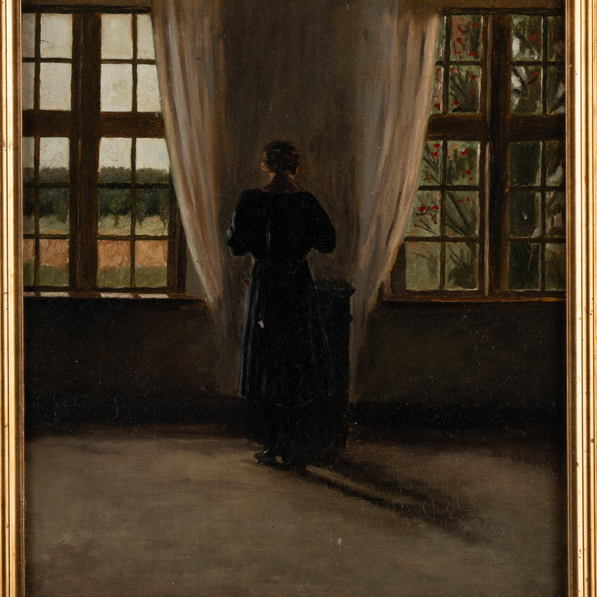 Danish Original Oil on Canvas Interior Portrait of Woman at Window, Signed Espen Olsen