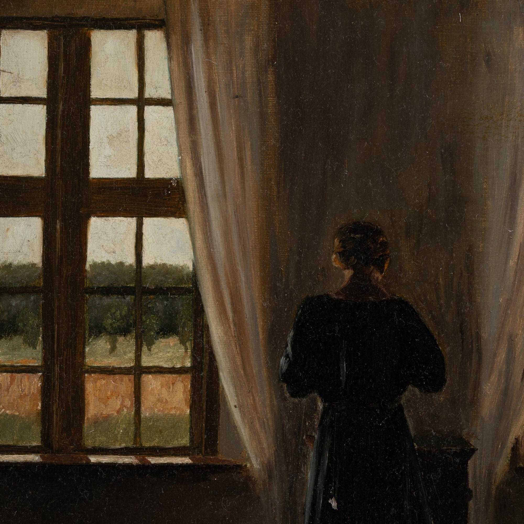 20th Century Original Oil on Canvas Interior Portrait of Woman at Window, Signed Espen Olsen
