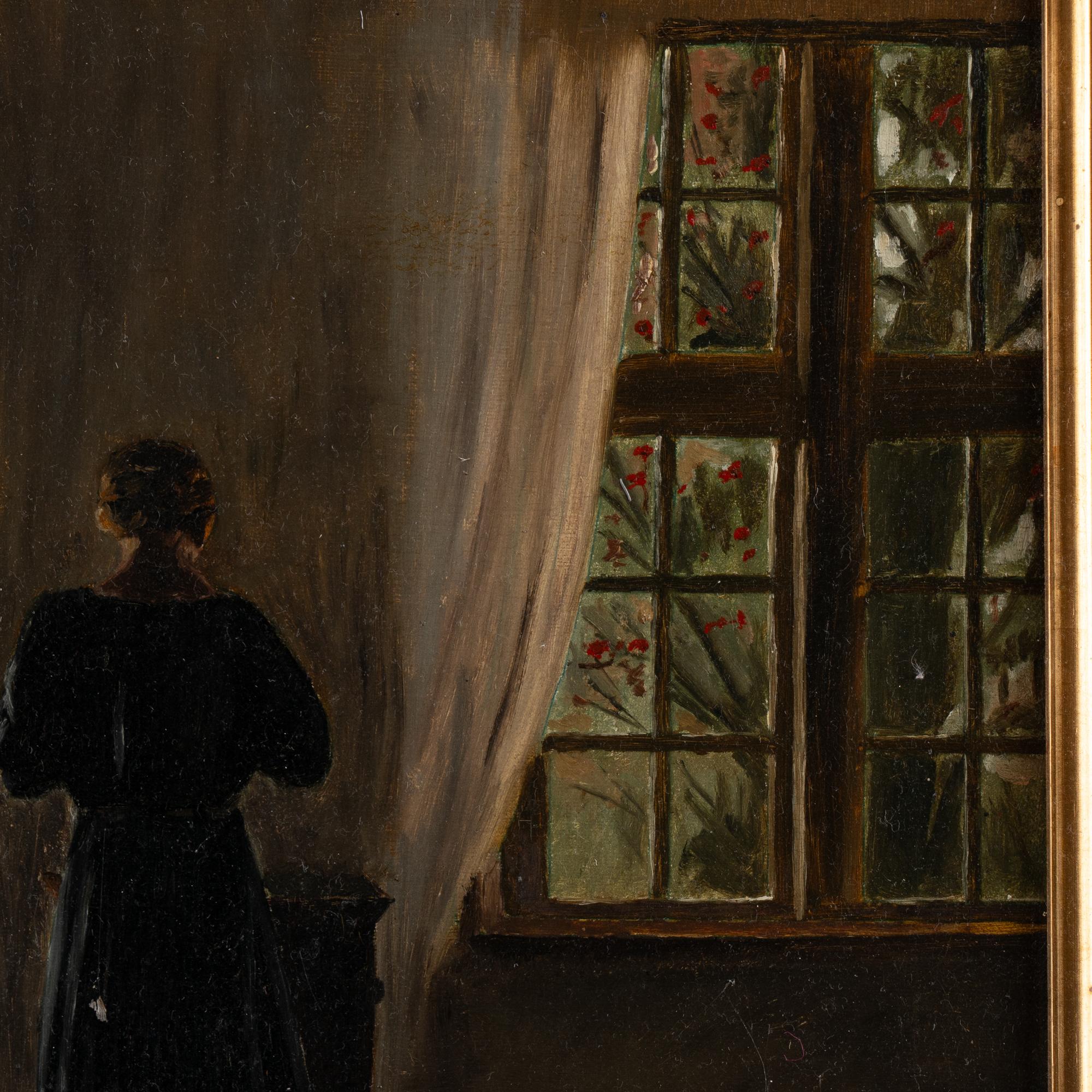 Original Oil on Canvas Interior Portrait of Woman at Window, Signed Espen Olsen 1
