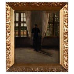 Original Oil on Canvas Interior Portrait of Woman at Window, Signed Espen Olsen