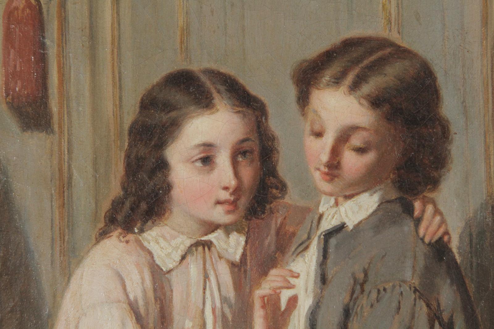Original oil on canvas interior scene Two Young Women Sharing A Secret, Mid 1800s.
Dimensions: 18” W x 21.5” H x 1.5 D image 12.25