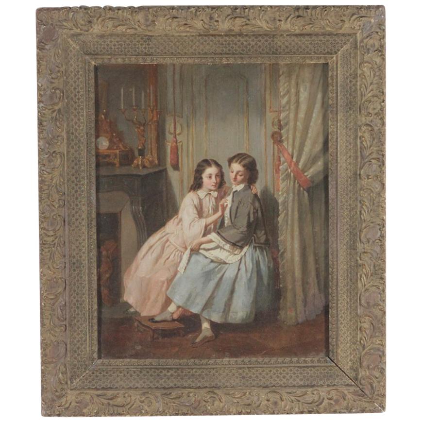 Original Oil on Canvas Interior Scene Two Young Women Sharing A Secret  Mid 1800