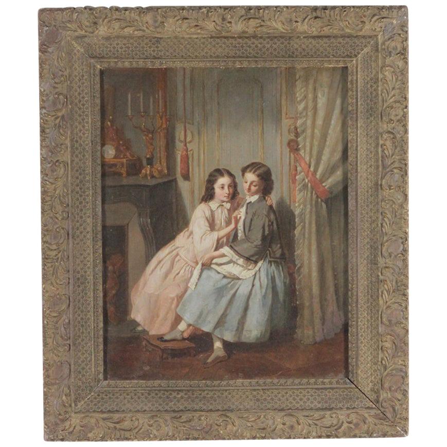 Original Oil on Canvas Interior Scene Two Young Women Sharing a Secret Mid-1800