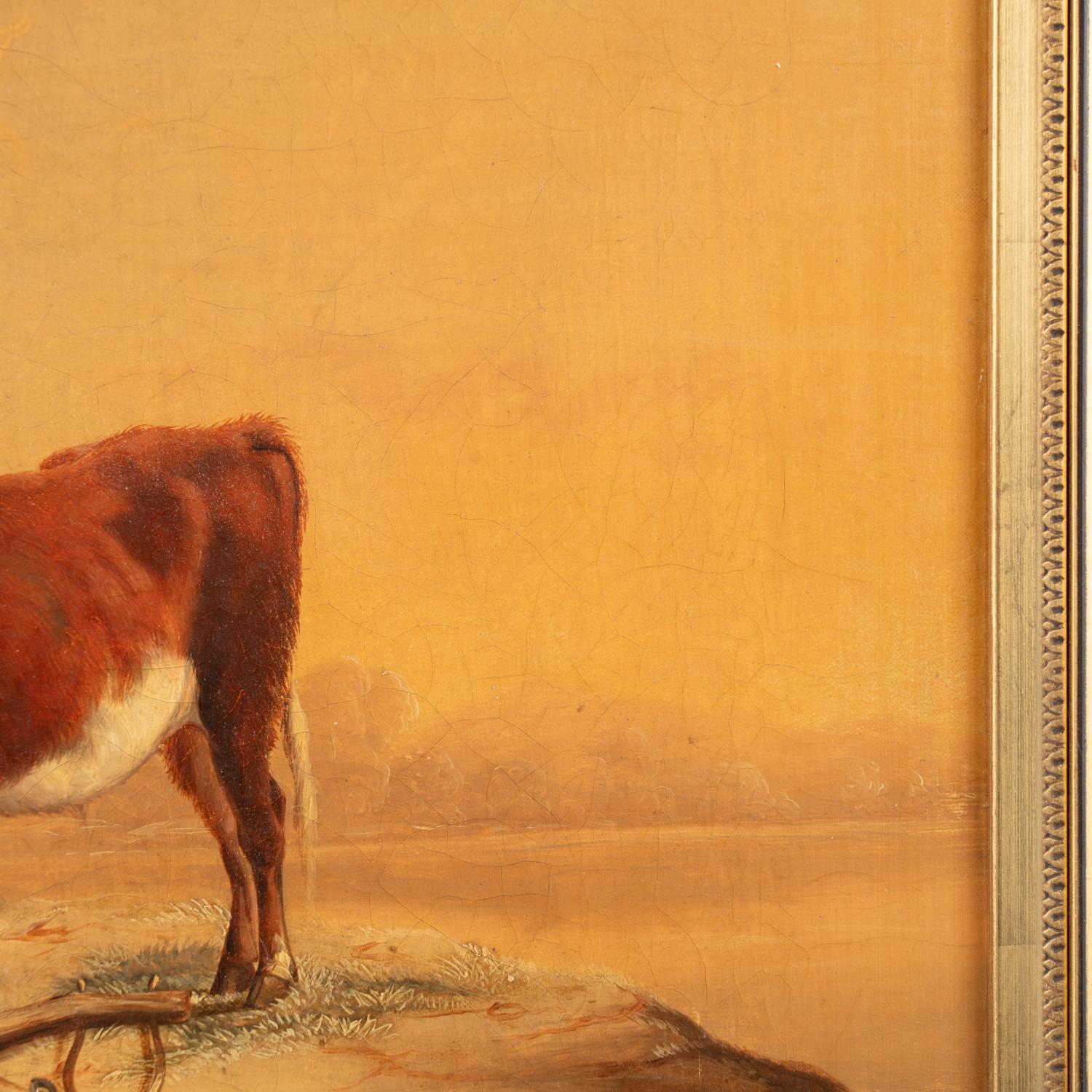 Peinture originale de paysage à l'huile sur toile représentant des vaches et une charrette, vers 1870-90 en vente 4