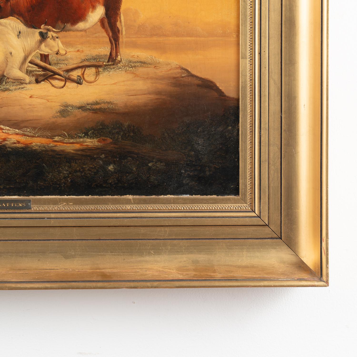 Peinture originale de paysage à l'huile sur toile représentant des vaches et une charrette, vers 1870-90 en vente 5