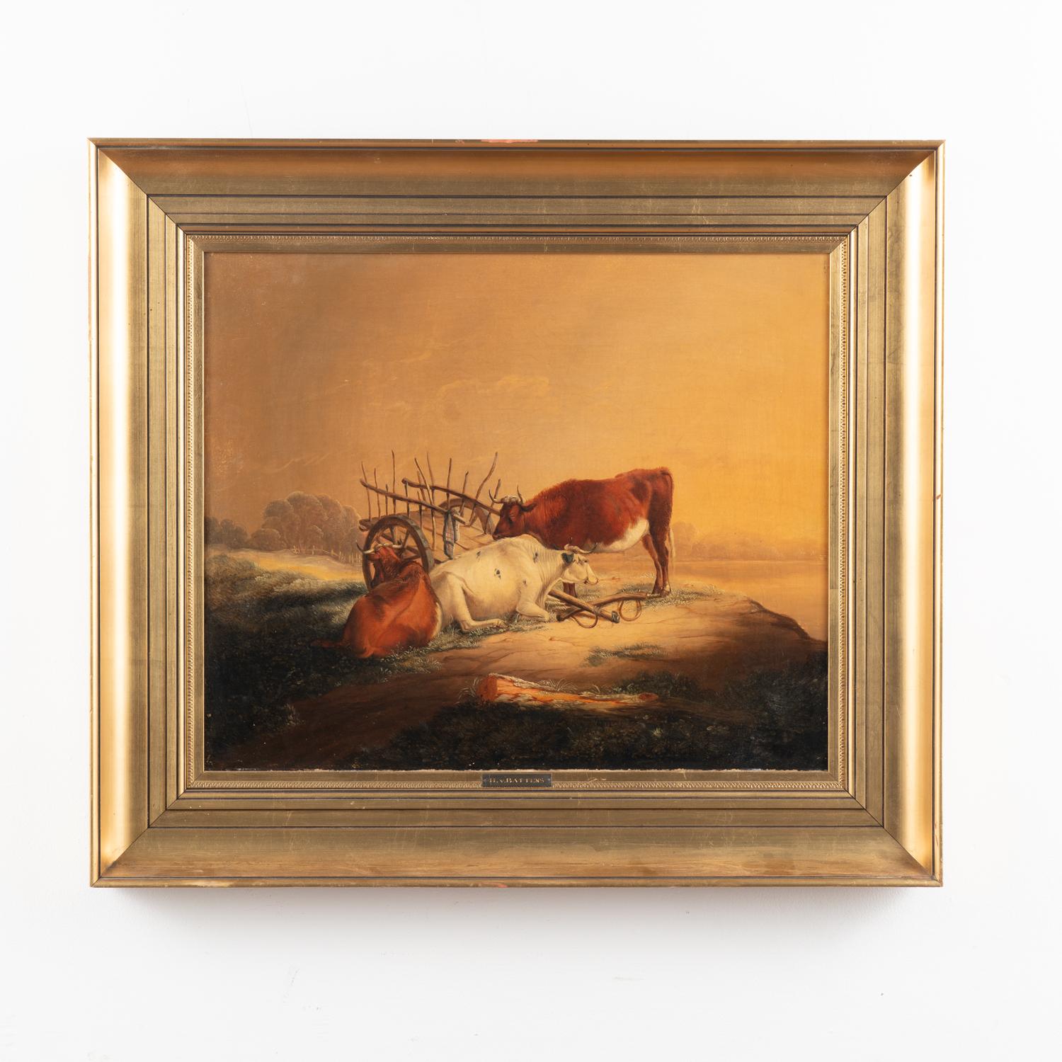 Original oil on canvas landscape painting of three cows laying beside cart and yoke. The golden glow creates the feeling of dusk approaching.
Artist attributed to H.V. Battens
Canvas in original age related condition with craquelure throughout,